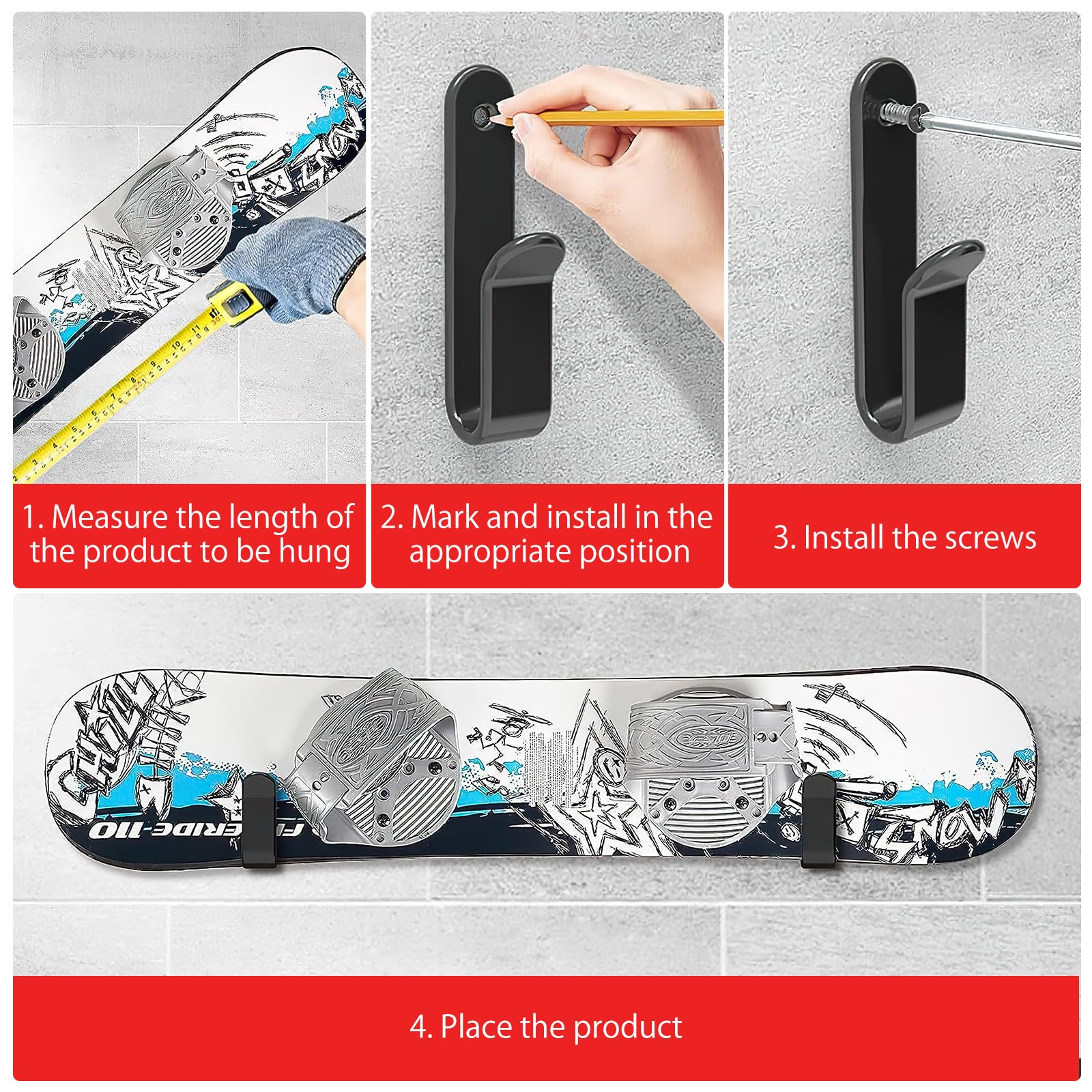 HENGBIRD 2 soportes de pared horizontales para snowboard, soporte de pared para monopatín, longboard, almacenamiento y snowboard + 1 gancho para atornillar