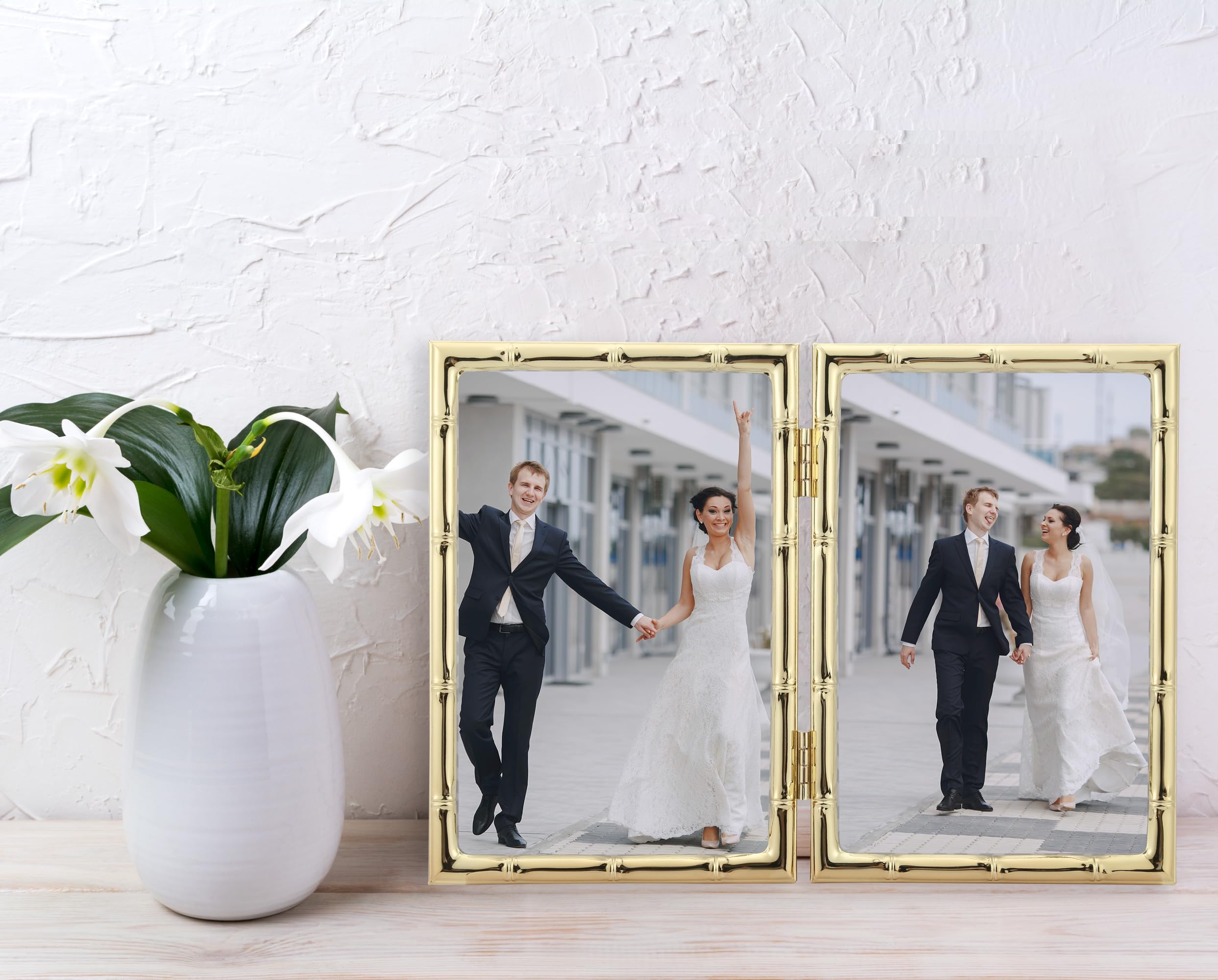 4x6'' Bamboo Detail Double Photo Frames, Gold Metal Picture 6x4'' Double - Image 4