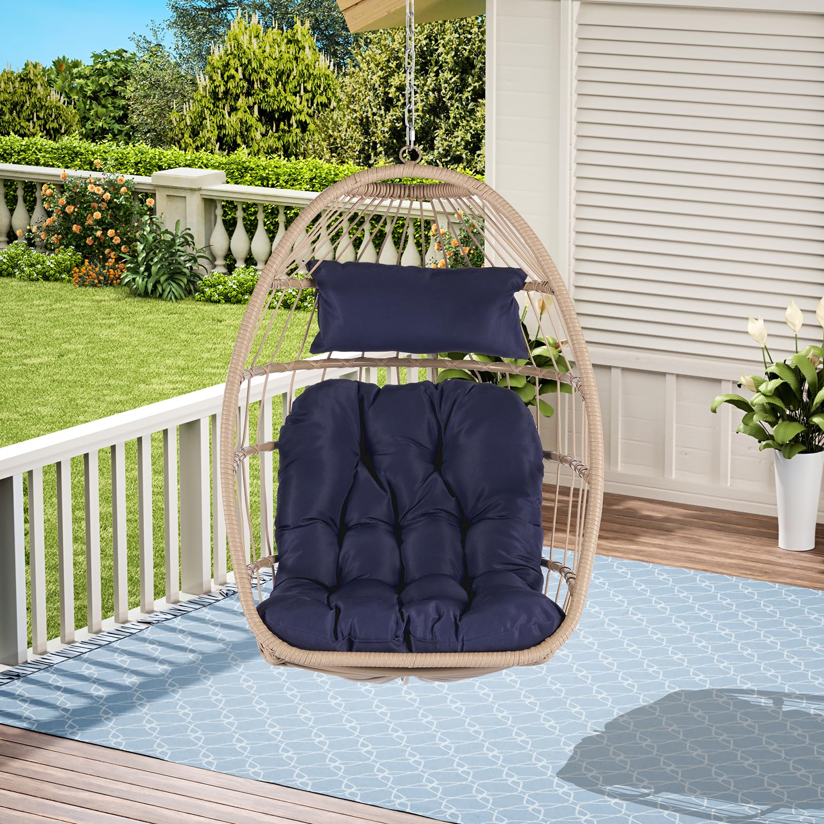 Swing Egg Chair Without Stand, Outdoor Patio Rattan Basket Hanging Chair Lounge Hammock Chair with Cushions and Pillow for Indoor Outdoor Bedroom Patio Garden, Dark Blue