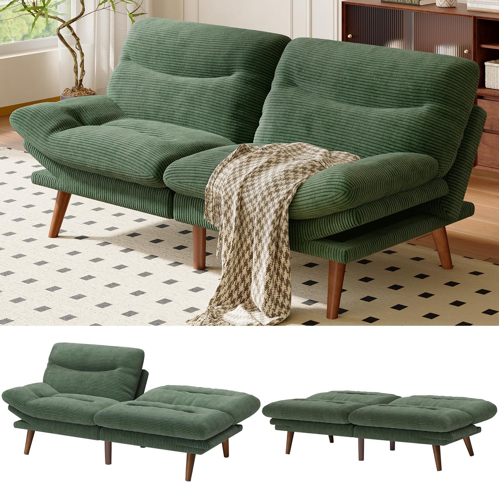 AMADA HOMEFURNISHING Futon Sofa Bed with Adjustable Backrest & Armrests, Convertible Futon Sofa Couch for Small Spaces, Living Room or Office, Corduroy Futons Sofas Bed (Green)