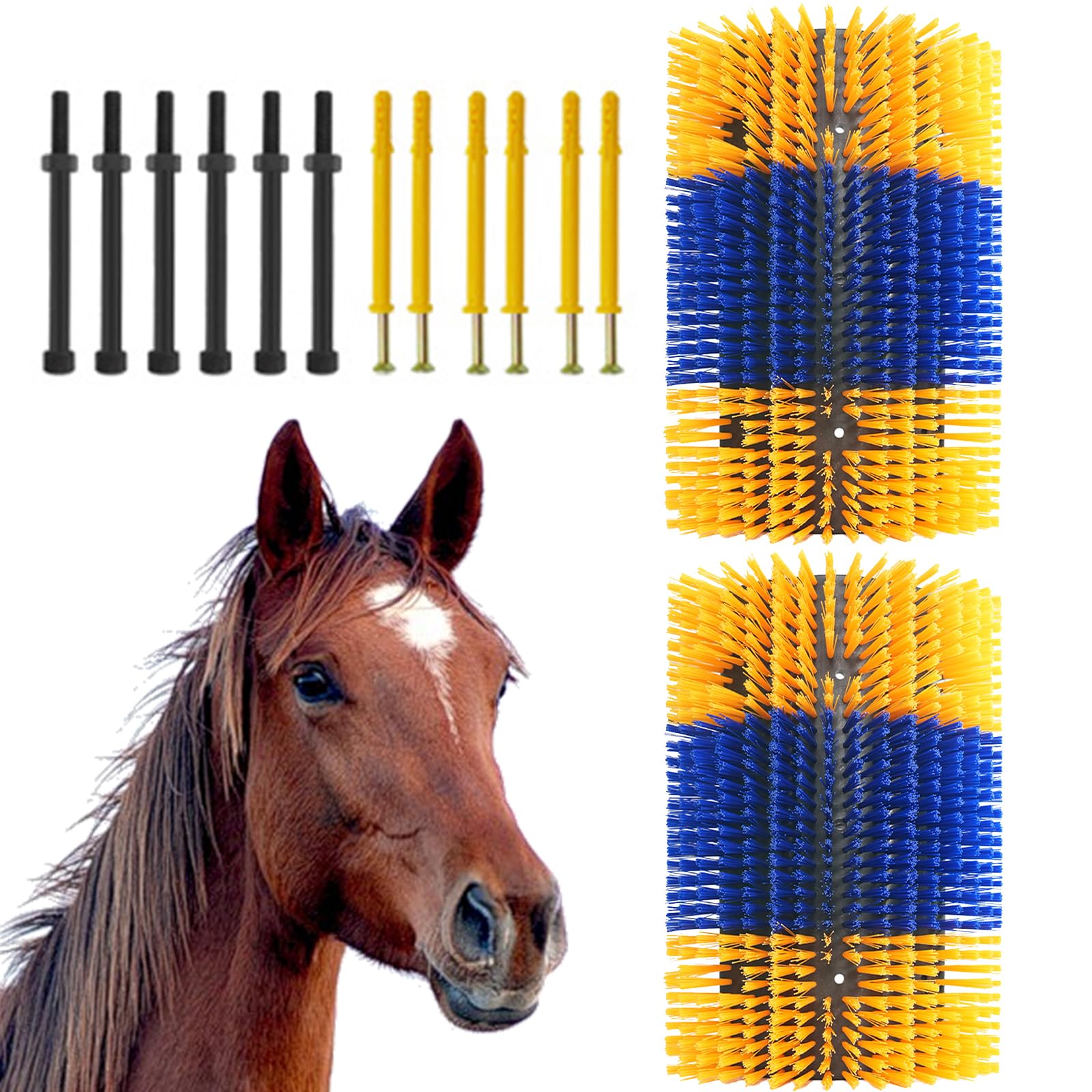 Set 2 Spazzole Grattanti e Pulizia per Cavalli, Mucche, Capre, Maiali – Setole Resistenti – Rimozione Prurito e Pelo Morto – Uso Stalla – Blu e Giallo (2 pezzi)