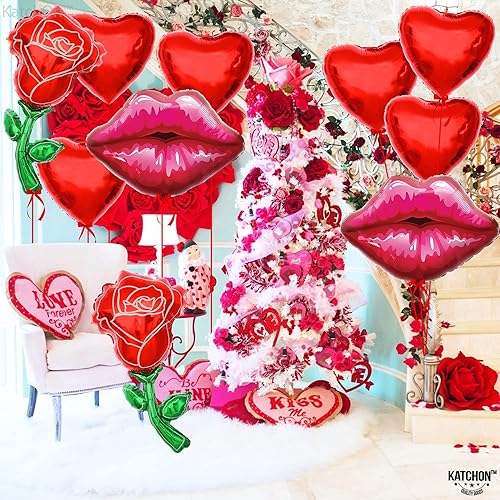 Miniatura 7 de KatchOn, Juego de globos de rosa roja, corazón y labios, grandes de 37 pulgadas, globos de rosa roja, globos de labios rojos, globos de corazón para