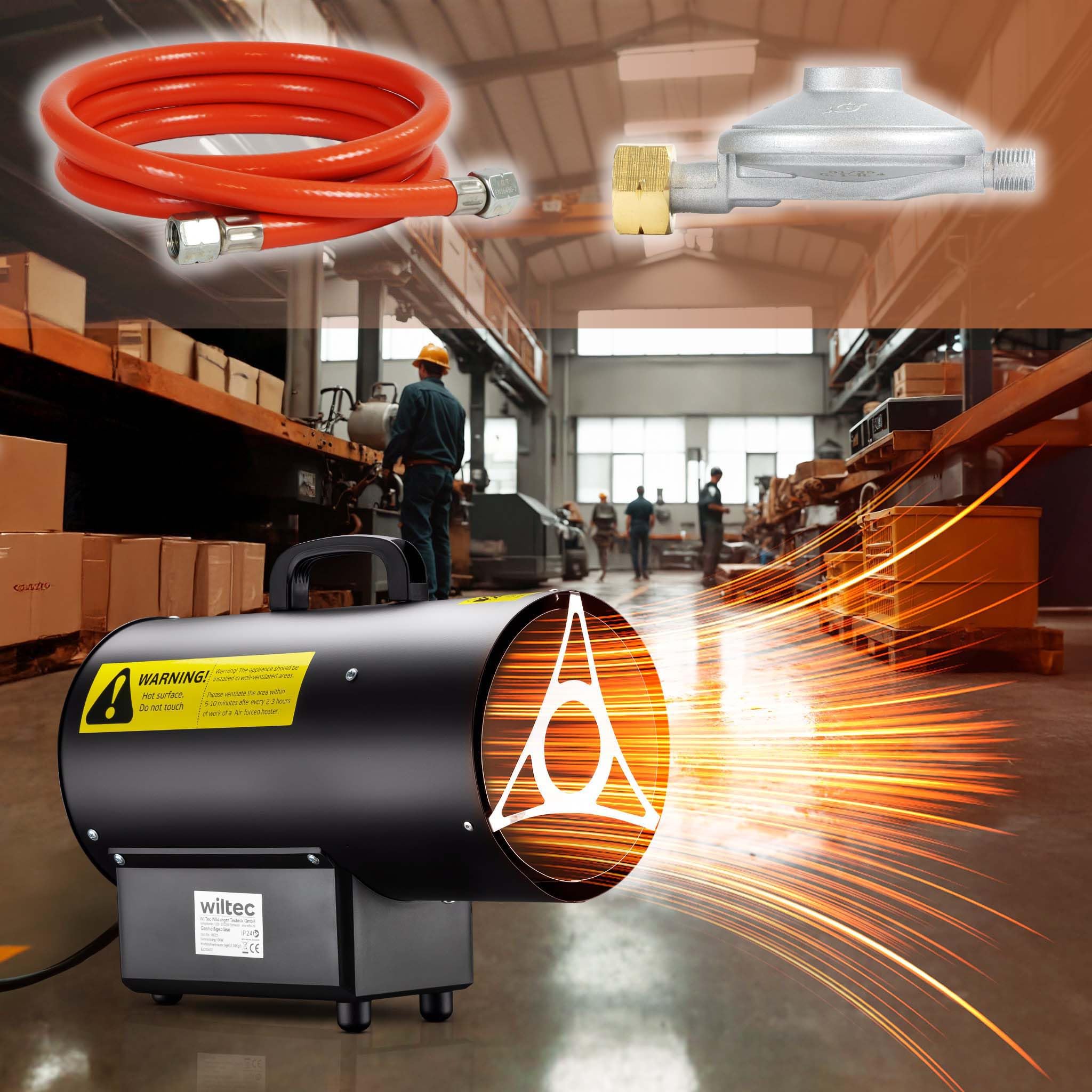 Wiltec Generatore di calore a gas GPL, 15 kW 30 W 320m³/ora, cannone aria calda con avviamento piezoelettrico, incluso riduttore di pressione del gas per l'Italia 700 mbar con tubo da 1,5 m