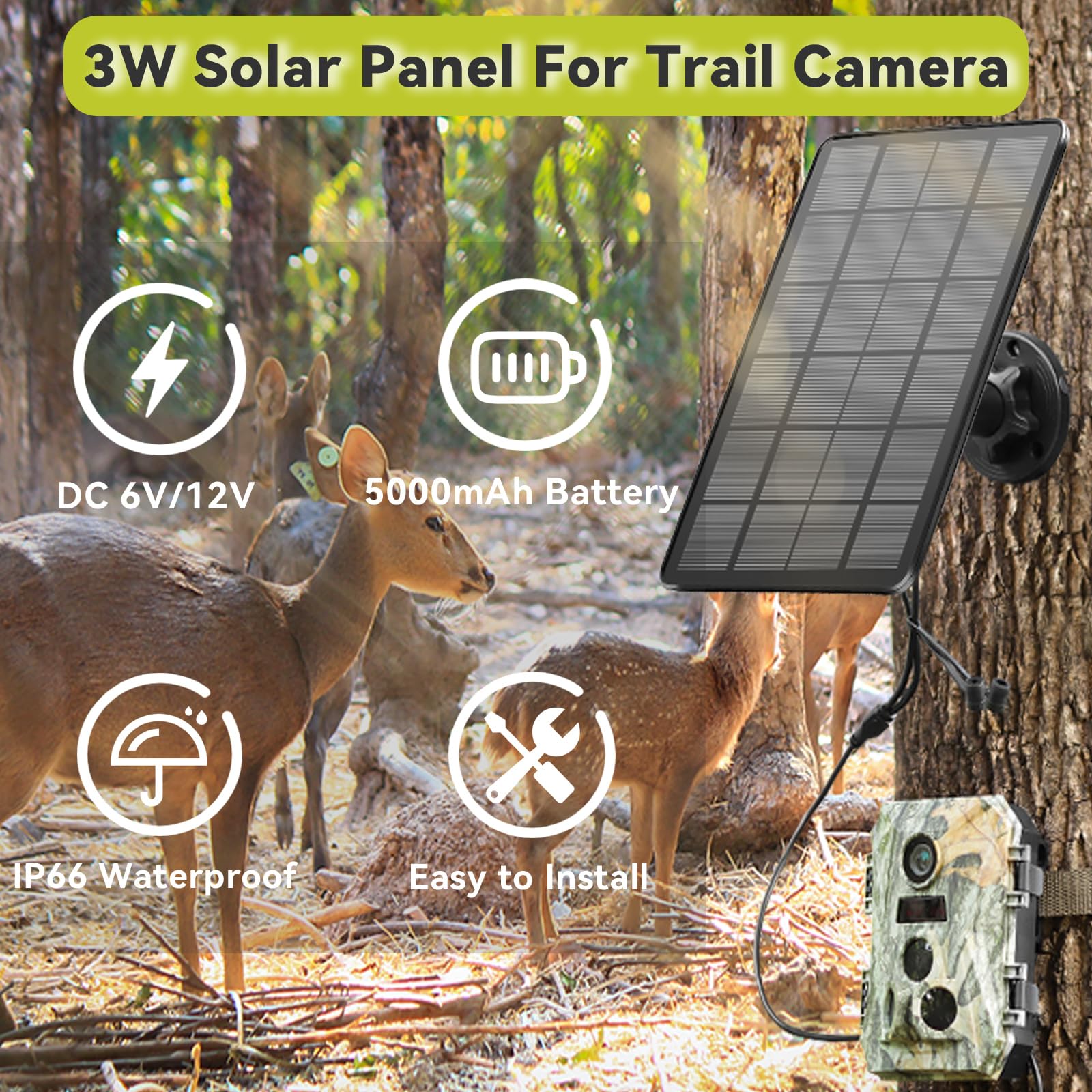 LIYVZ Panel solar de 3 W para cámara de rastreo CC 6 V/12 V, kit de panel solar con batería recargable integrada de 5000 mAh para cámara de caza, 6.5 x 4.5 pulgadas (panel solar para cámara de sendero