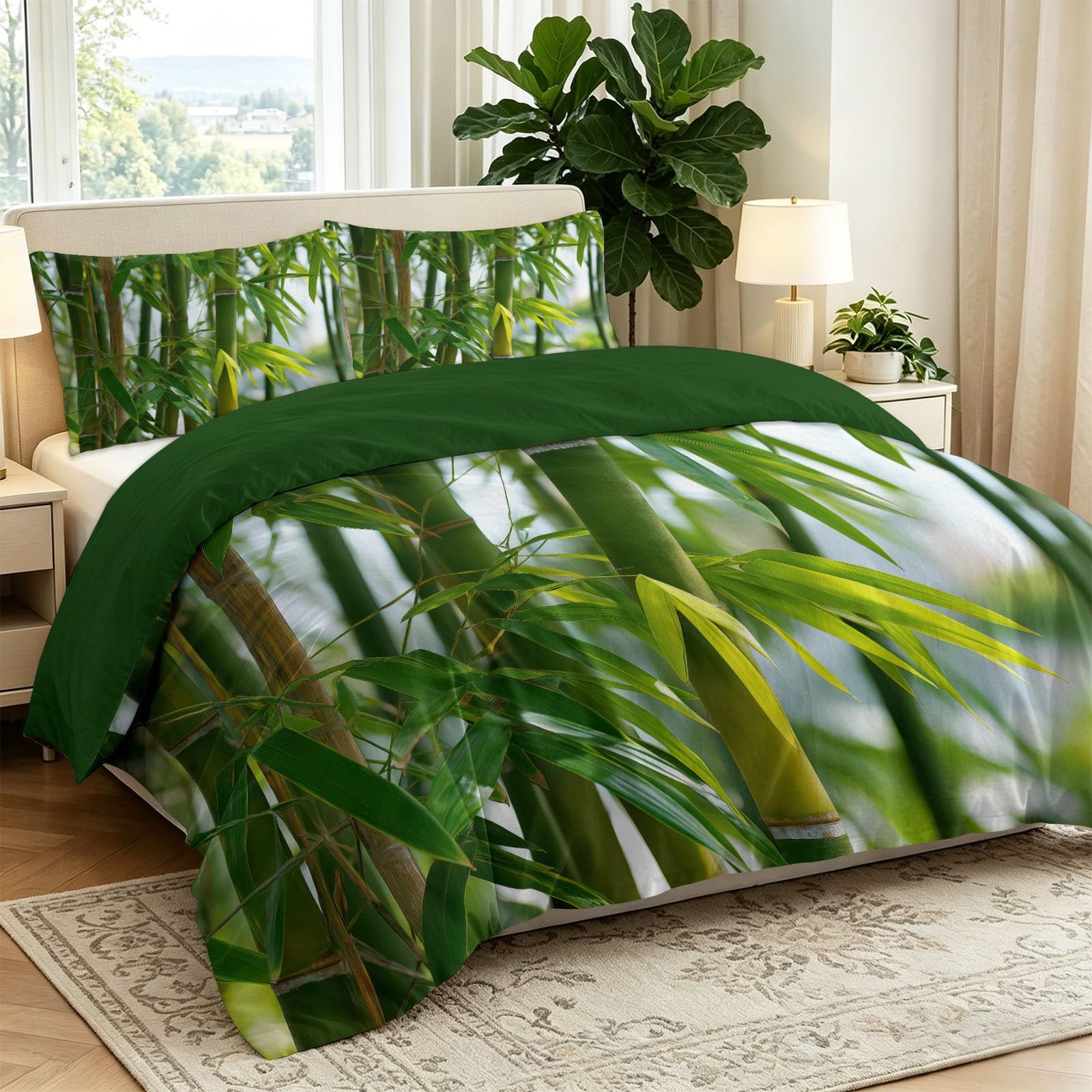 Miękki, lekki zestaw pościeli z mikrofibry, zielona naturalna ekologia roślina bambus las nadruk poszewka na kołdrę, 230 x 220 cm, na wszystkie pory roku, nie wymaga prasowania, z 2 poszewkami na