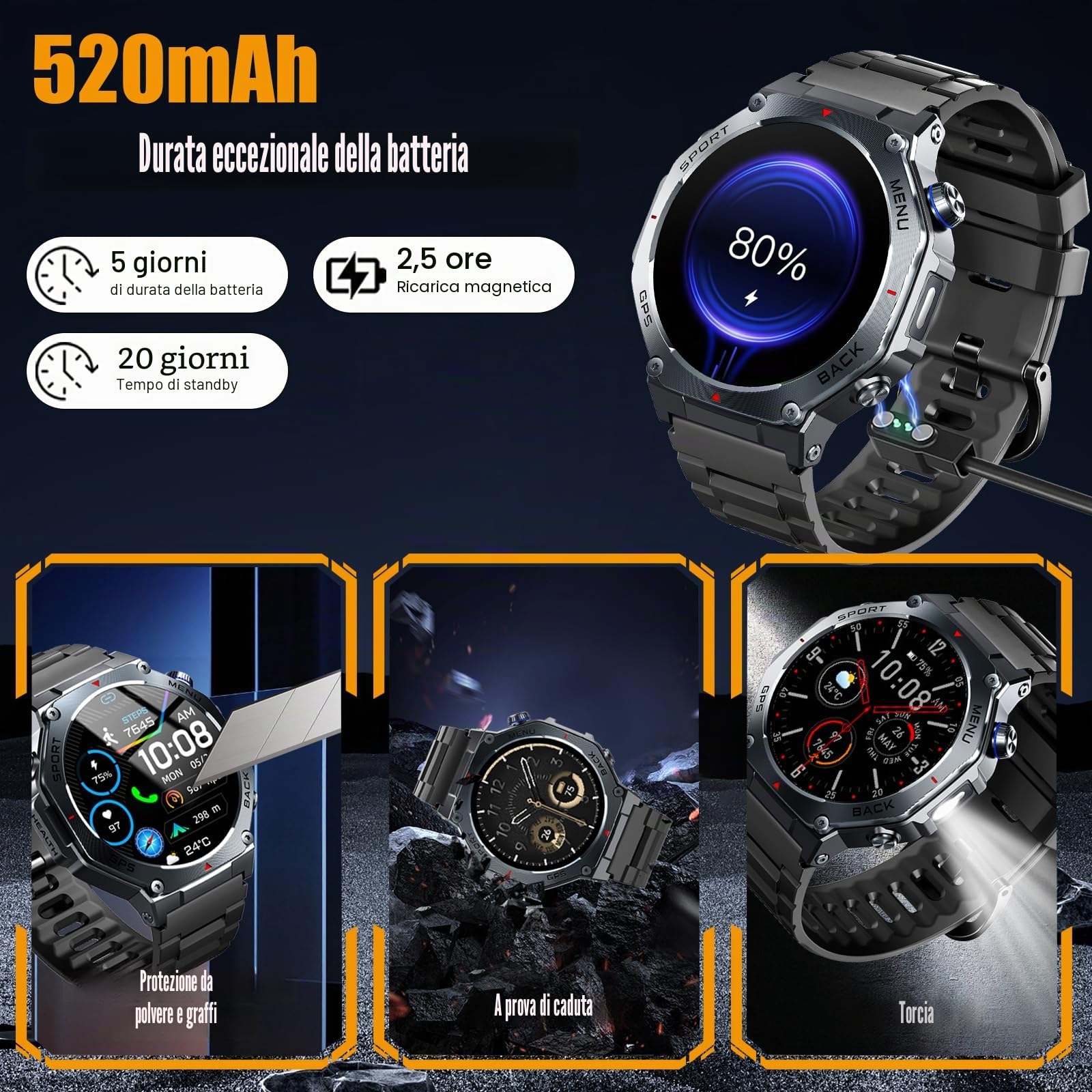 Smartwatch Uomo GPS, 1.43" AMOLED Militari Orologio Smartwatch con Chiamate Bluetooth, 5 ATM Smart Watch con Sonno/Cardiofrequenzimetro/Torcia/Bussola, 160+ Sportive Fitness Tracker per Android iOS