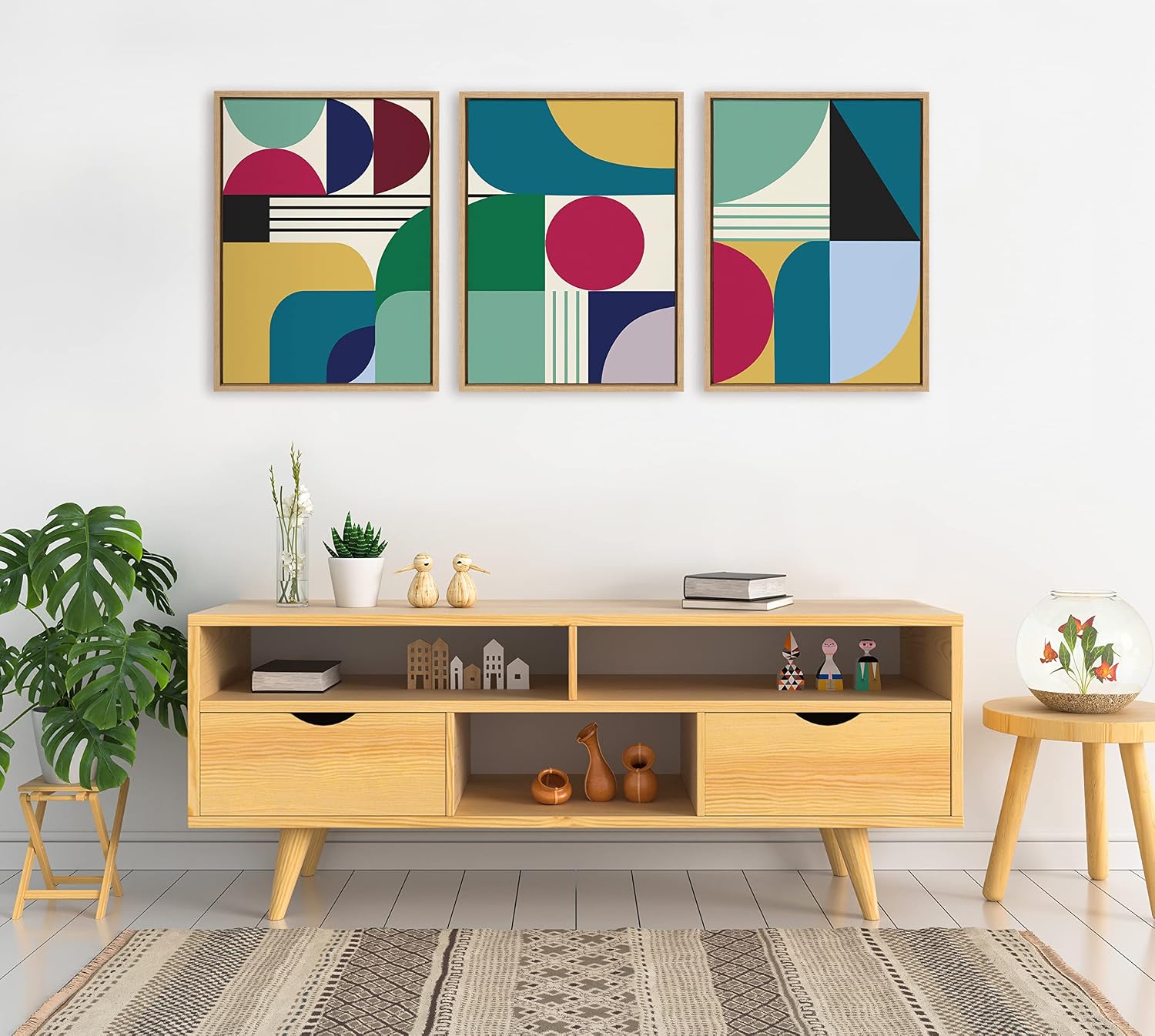 Kate and Laurel Sylvie Mid Century Modern Pattern 07 08 and 09 Framed Canvas Wall Art Set by Rachel Lee of My Dream Wall, 3 Piece 18x24 Natural, Large Modern Retro Abstract Art
