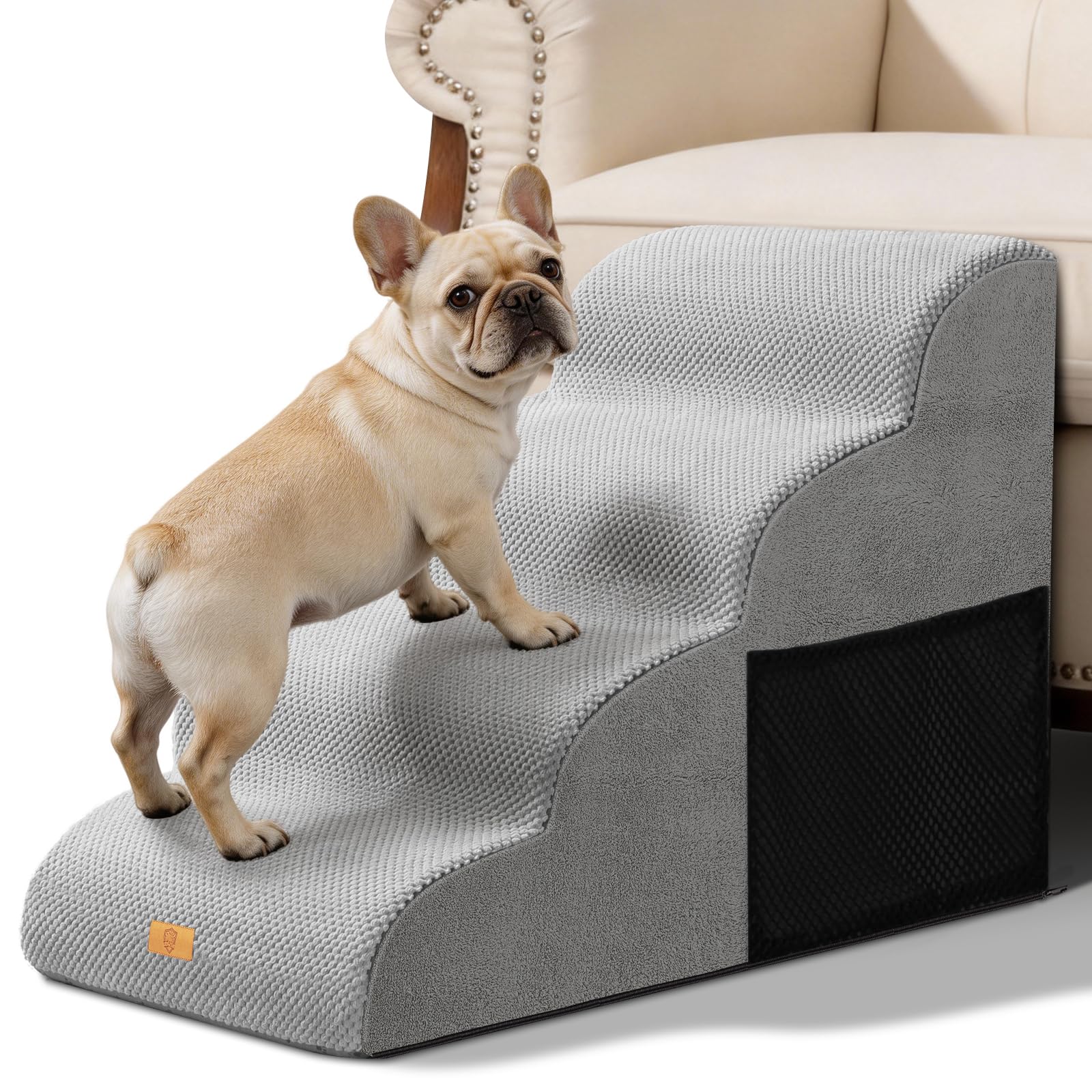 Thihome Hundetreppe 4 Stufen, rutschfeste Haustiertreppe 50cm Hoch, Hochdichter Schaum Hunderampe mit Waschbarem Bezug und Rutschfestem Boden, Hunde Treppe für Sofa & Bett, Grau