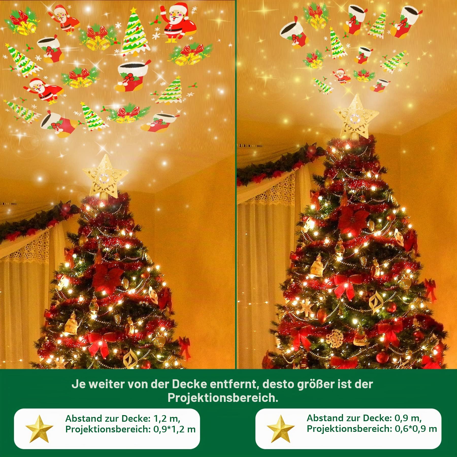 Stern Weihnachtsbaumspitze Christbaumspitze Beleuchtet mit Eingebautem Rotierendem LED-Projektor Tannenbaumspitze 23CM Glitzer Stern Spitze Baumspitze Christbaumkrone für Weihnachtsbaumschmuck