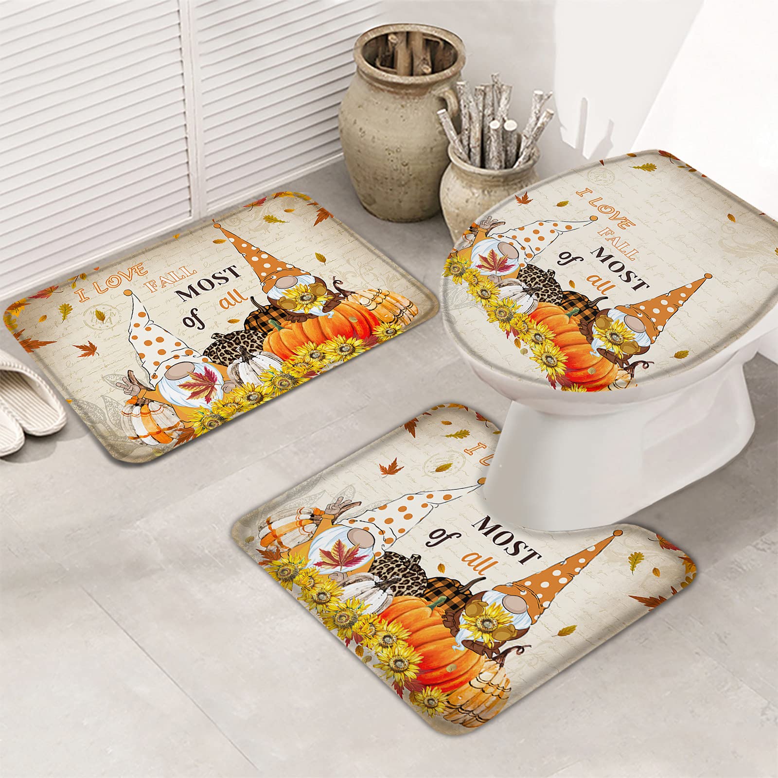 Queenker 3 Pieces Bath Rug Set Toilet Seat Cover Fall Thanksgiving Retro Pumpkin Gnome Contour Rug,Pedestal Mat and Toilet Lid Cover,Non-Slip Bathroom Floor Mat 20