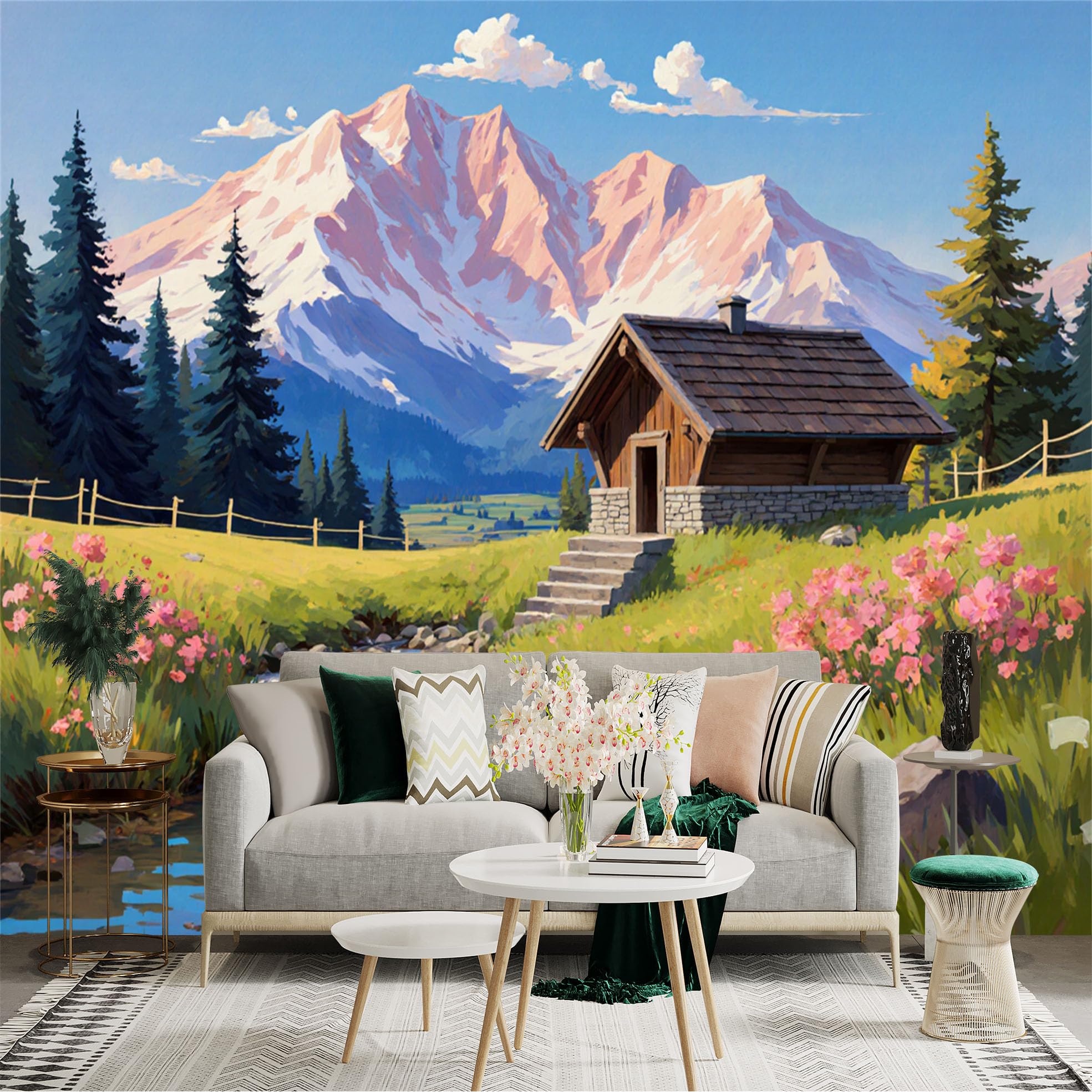 Lnzczhyre Xc260505343 Custom Size Wall Sticker Mural， Alpine Cabin With Snowcapped Mountains， Flowing Creek And Wildflowers， For Wall Decoration， Peelandstick Wall Decals.
