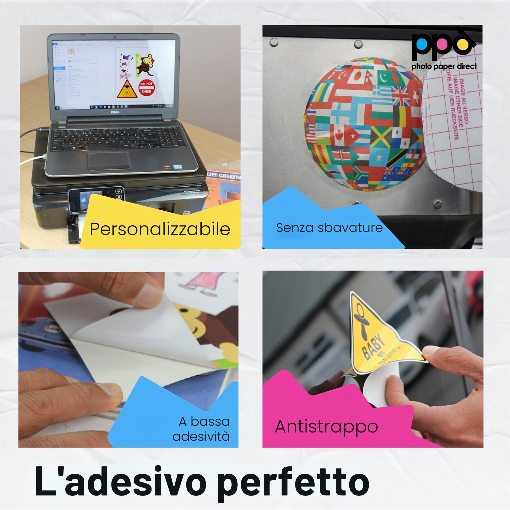 PPD Mix 40 Fogli A4 Carta Vinile Adesiva Per Stampanti Inkjet - Sticker Bianco - PPD-36/38-40