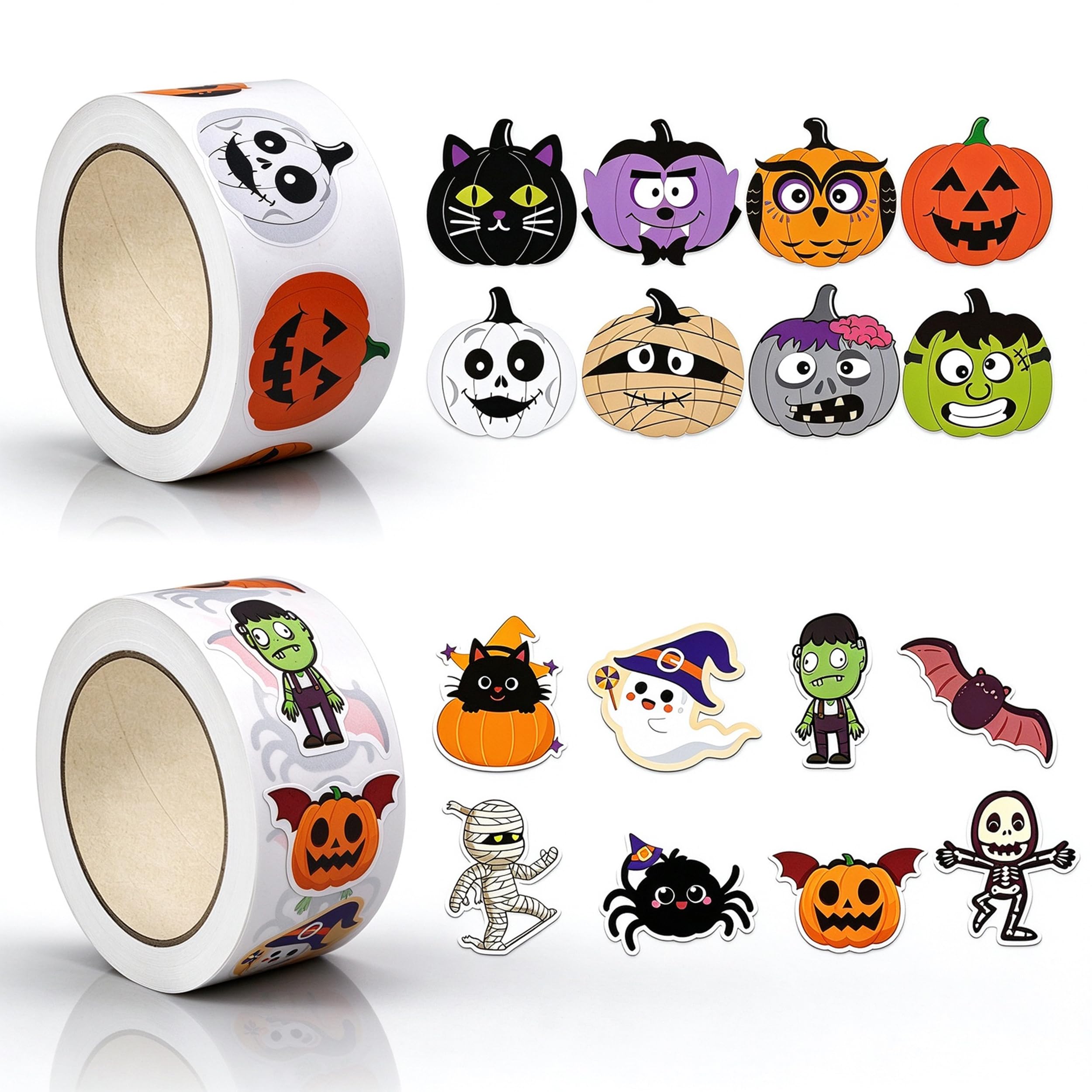 1000Pcs Halloween Stickers, 2Rolls 1Inch Halloween Art Crafts Stickers Bat Skull Wizard Hat Pumpkin Stickers for Halloween Decoration (Happy Halloween B)