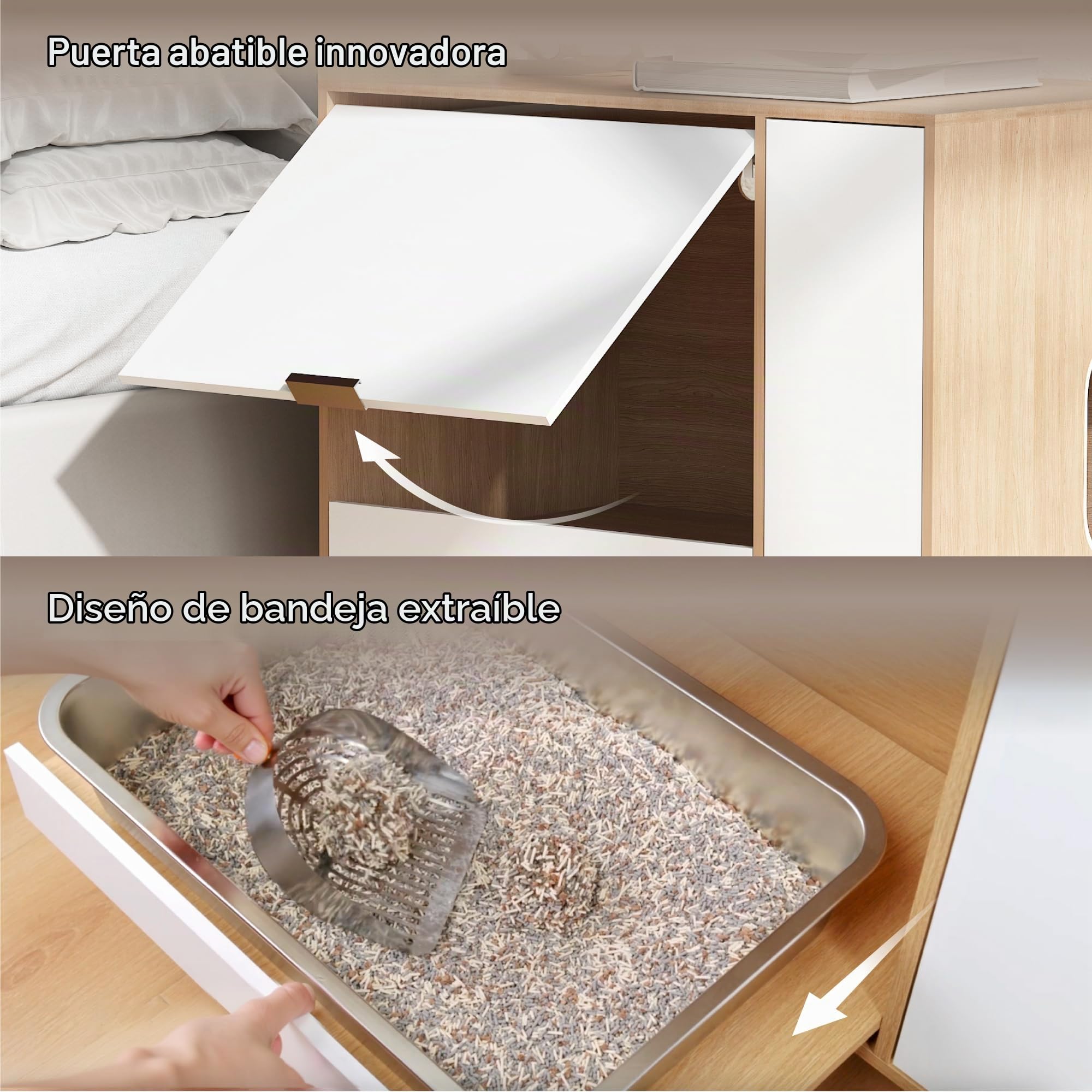 Mueble Arenero para Gatos, Mueble para Esconder la Arena con Puerta Abatible y Bandeja Extraíble, Casa para Gatos con Entrada Lateral y Almacenamiento, Tono Madera