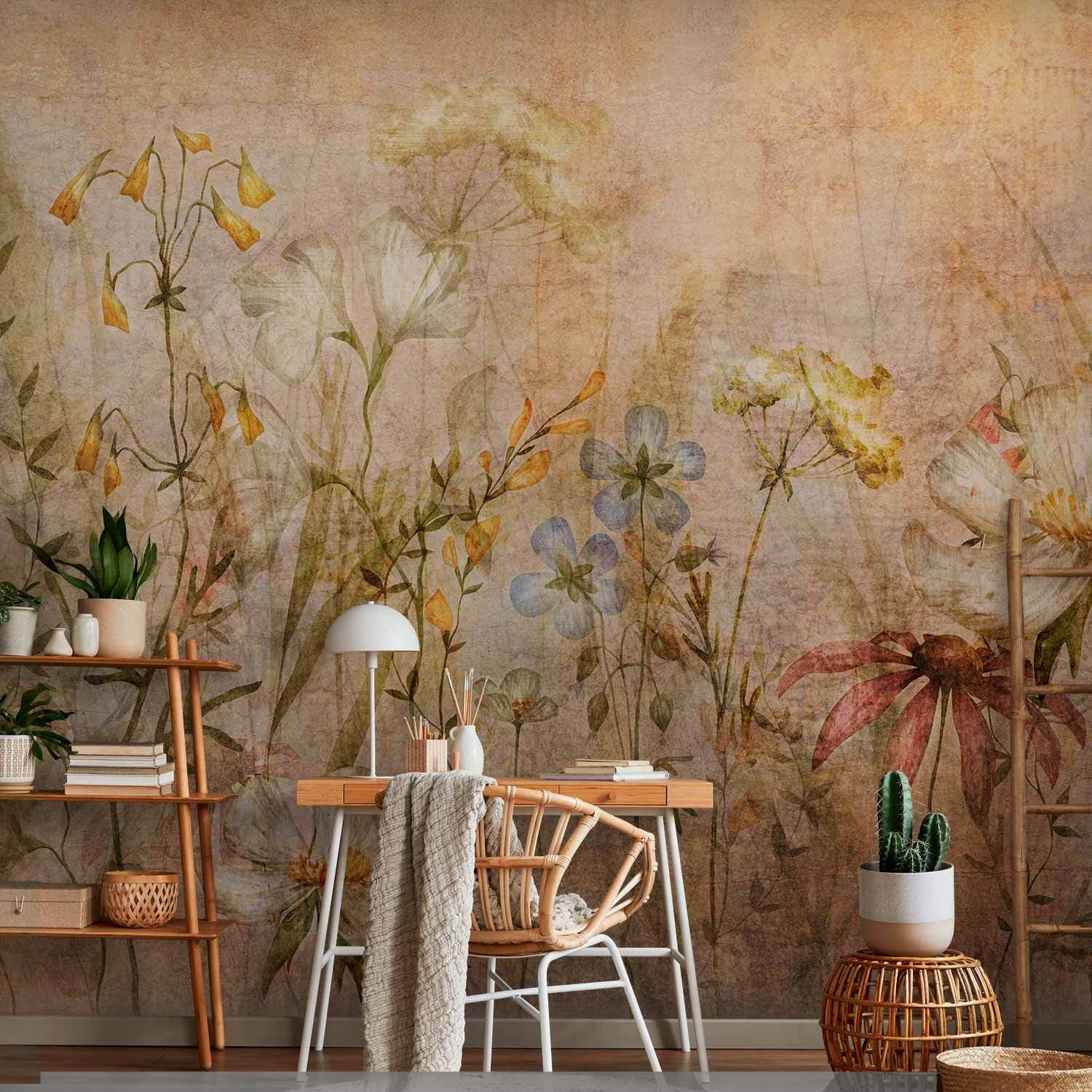 decomonkey Premium Fototapete Wiese Blumen, 350x256 cm, XXL, Vintage Stein | Braun, Grün, Beige, Vlies, Schlafzimmer, Wohnzimmer, Design, Tapete, Fototapeten, Tapeten, Vliestapete, Wandtapete, moderne