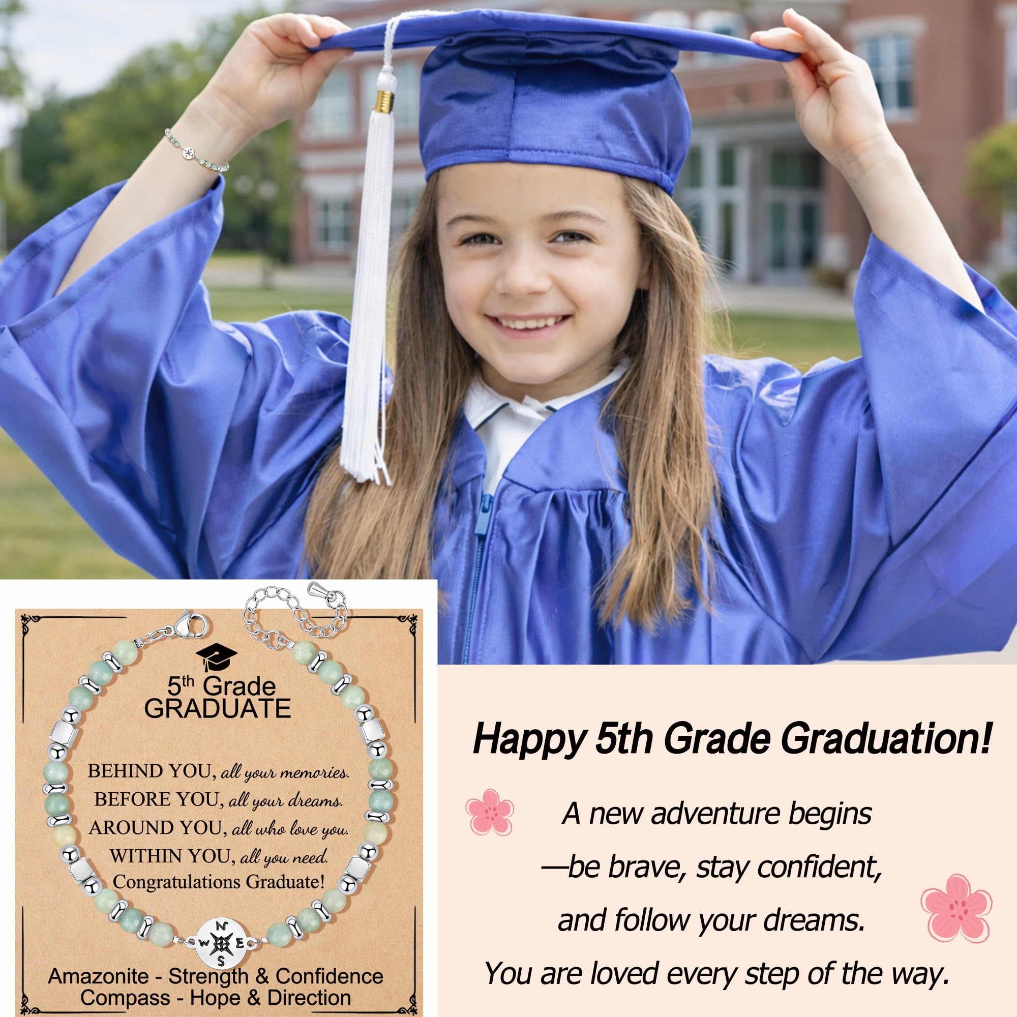 JoycuFF Graduation Gifts for Her Class of 2026 College High School 5th 8th Grade Preschool College Middle School Teen Girls Graduation Gifts The Adventure Begins Compass Bracelets for Women