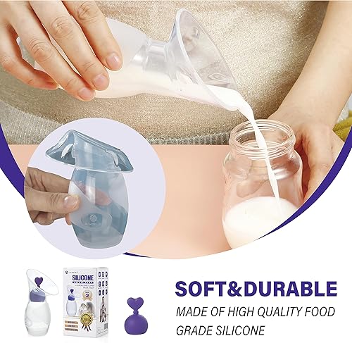 Miniatura 5 de Amplim Paquete de 2 extractor de leche manual Gen 2 para lactancia materna con tapón (4 onzas3.4 fl oz), silicona de grado alimenticio, sin BPA, PVC