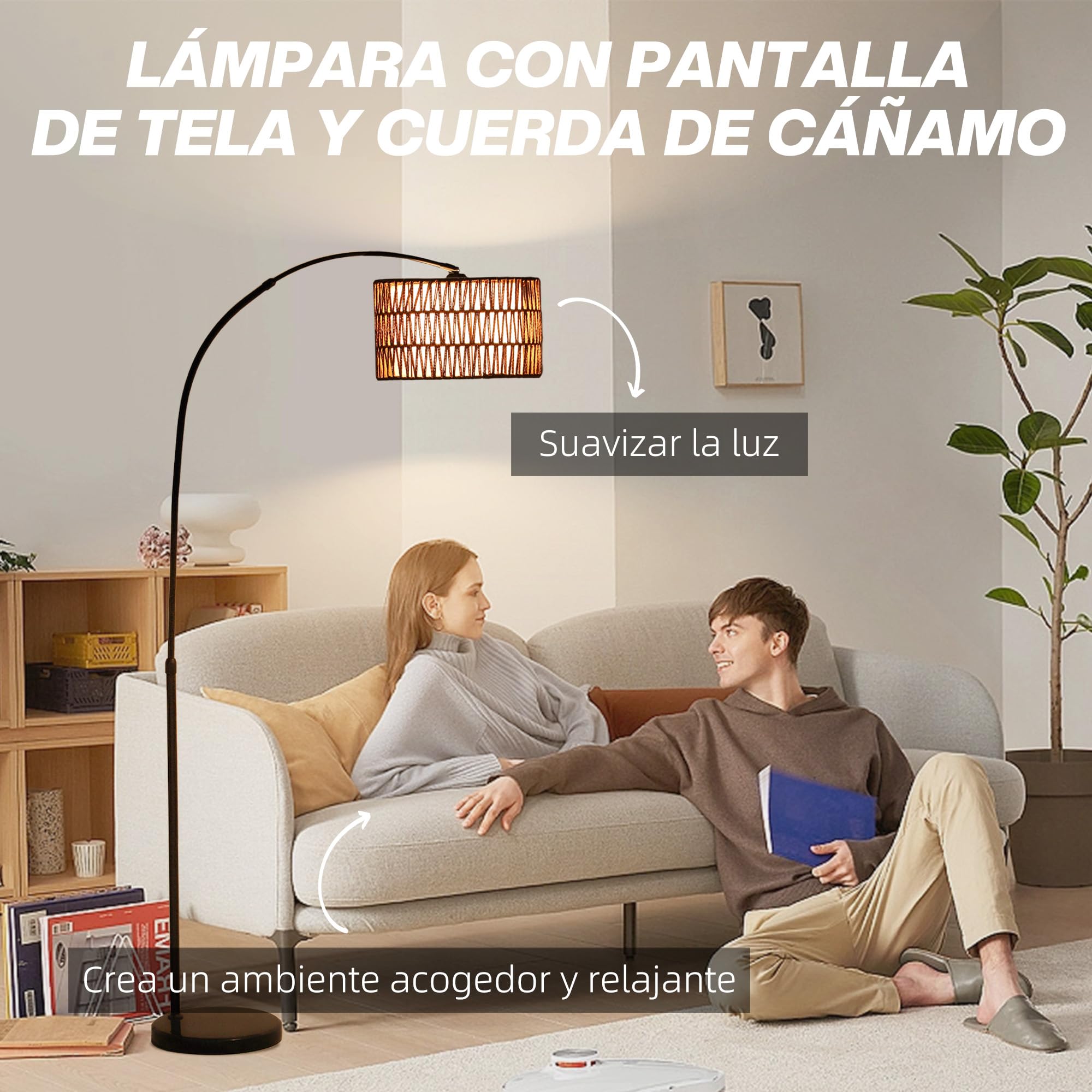 HOMCOM Lámpara de Pie de Arco Salón Altura Ajustable Negro y Marrón | Lámpara de Pie Salón, Pantalla de Yute, Interruptor de Pie, Base de Mármol, para Sala de Estar Oficina Dormitorio