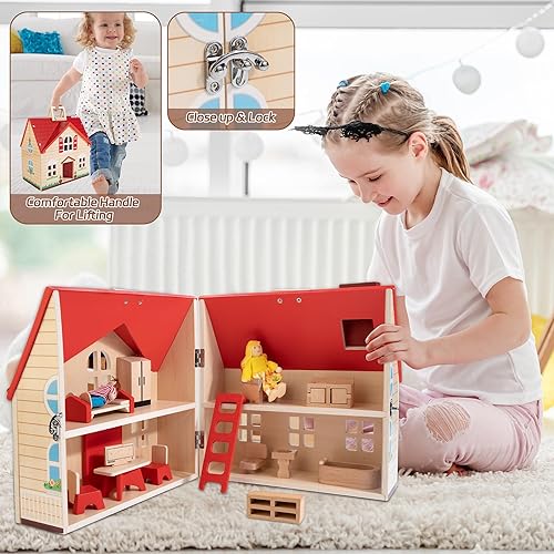 Miniatura 2 de Casa de muñecas plegable de madera con 13 muebles, 4 habitaciones y 2 muñecas flexibles, juego de casa de juegos de simulación con mango portátil,