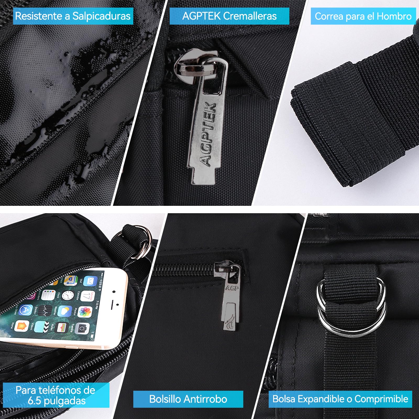 AGPTEK Riñonera Deportiva Hombre y Mujer con 5 Bolsillos, Riñonera Grande de Trabajo, Riñonera Antirrobo RFID con Cinturón Ajustable para Running, Viaje y Camping