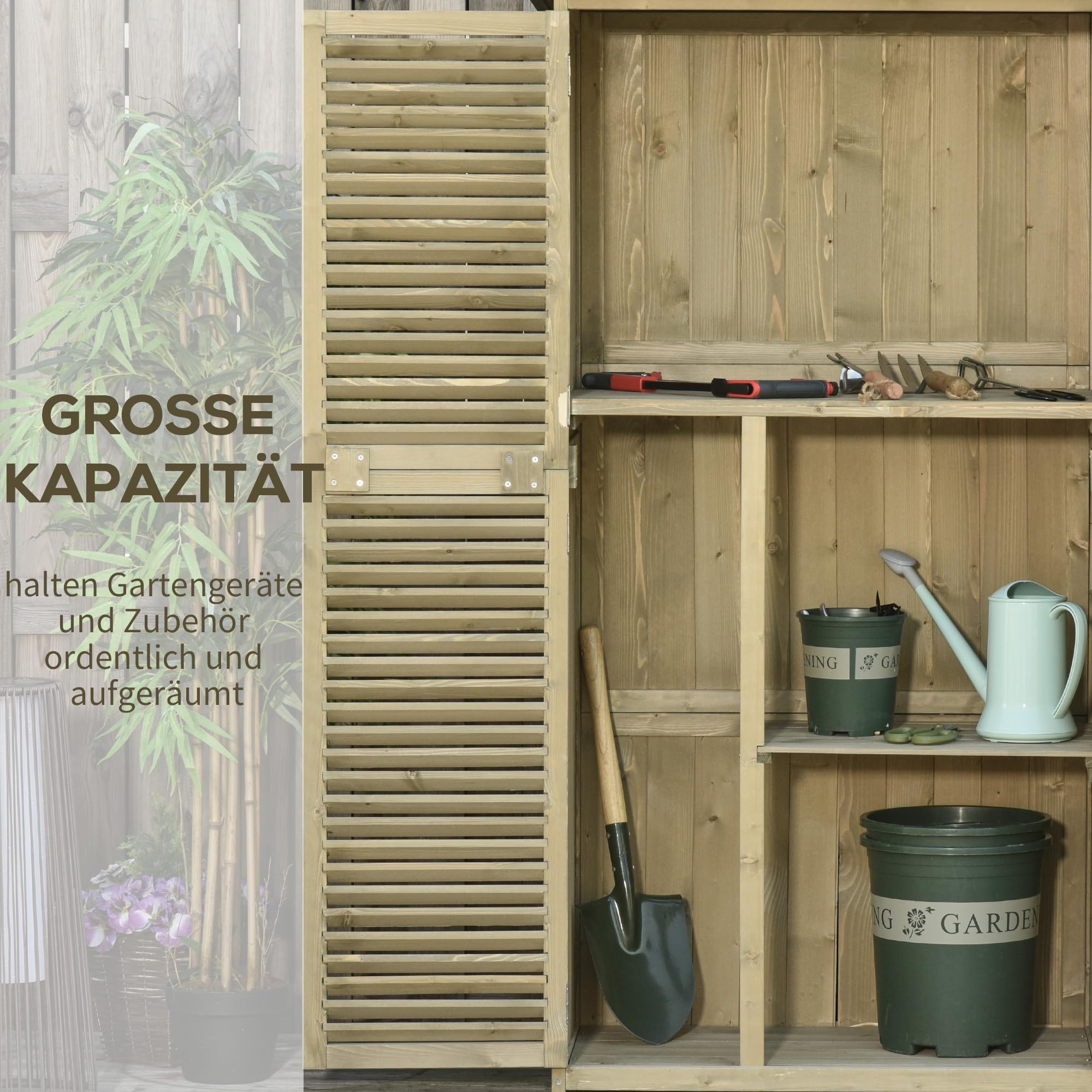 Outsunny Gartenschrank Holz Geräteschuppen Gerätehaus mit Asphaltdach Lamellentür Geräteschrank Schuppen Garten 4 Fächer Grau 87 x 46,5 x 160 cm