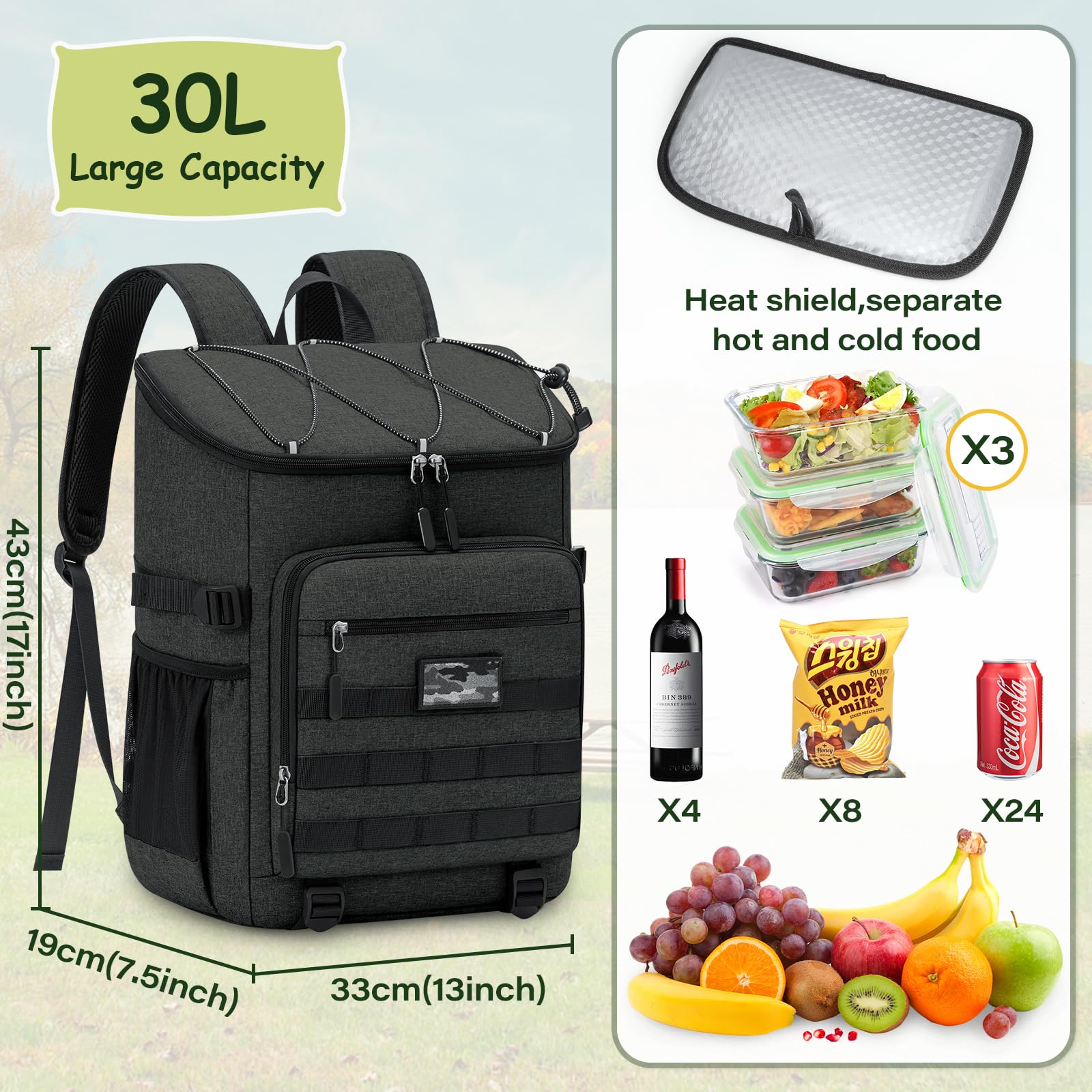 NEWHEY Kühlrucksack 30L Wasserdichtes Isolierter Kühltasche Große Kapazität Thermo Picknickrucksack Leichte Kühltasche Auslaufsicheres für Outdoor Arbeit Camping Strand Wandern