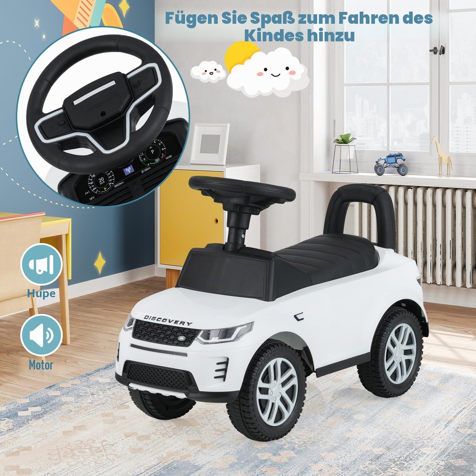 SOARS Kinder Rutschauto, Rutschfahrzeug mit Lenkrad, Hupe, rutschfesten Rädern, verstecktem Stauraum, Aufsitzauto für Kinder ab 1 Jahr (weiß)