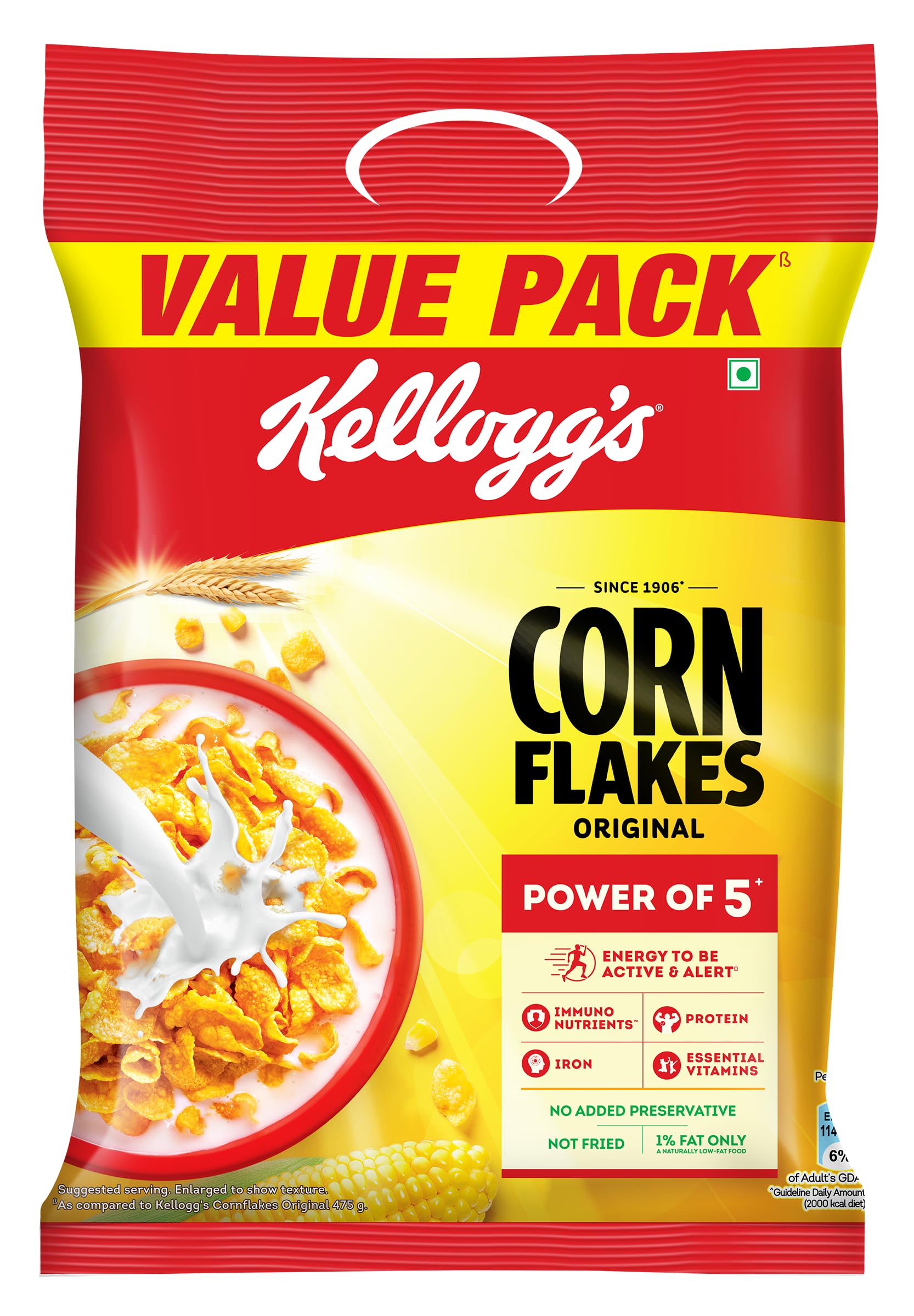 Corn Flakes Original | Power of 5: Energy, Protein, Iron, Calcium, Vitamins B1, B2, B3 & C | Cornflakes, Breakfast Cereal | Naturally Cholesterol Free, 251g/ 260g/ 275g (Weight May Vary)
