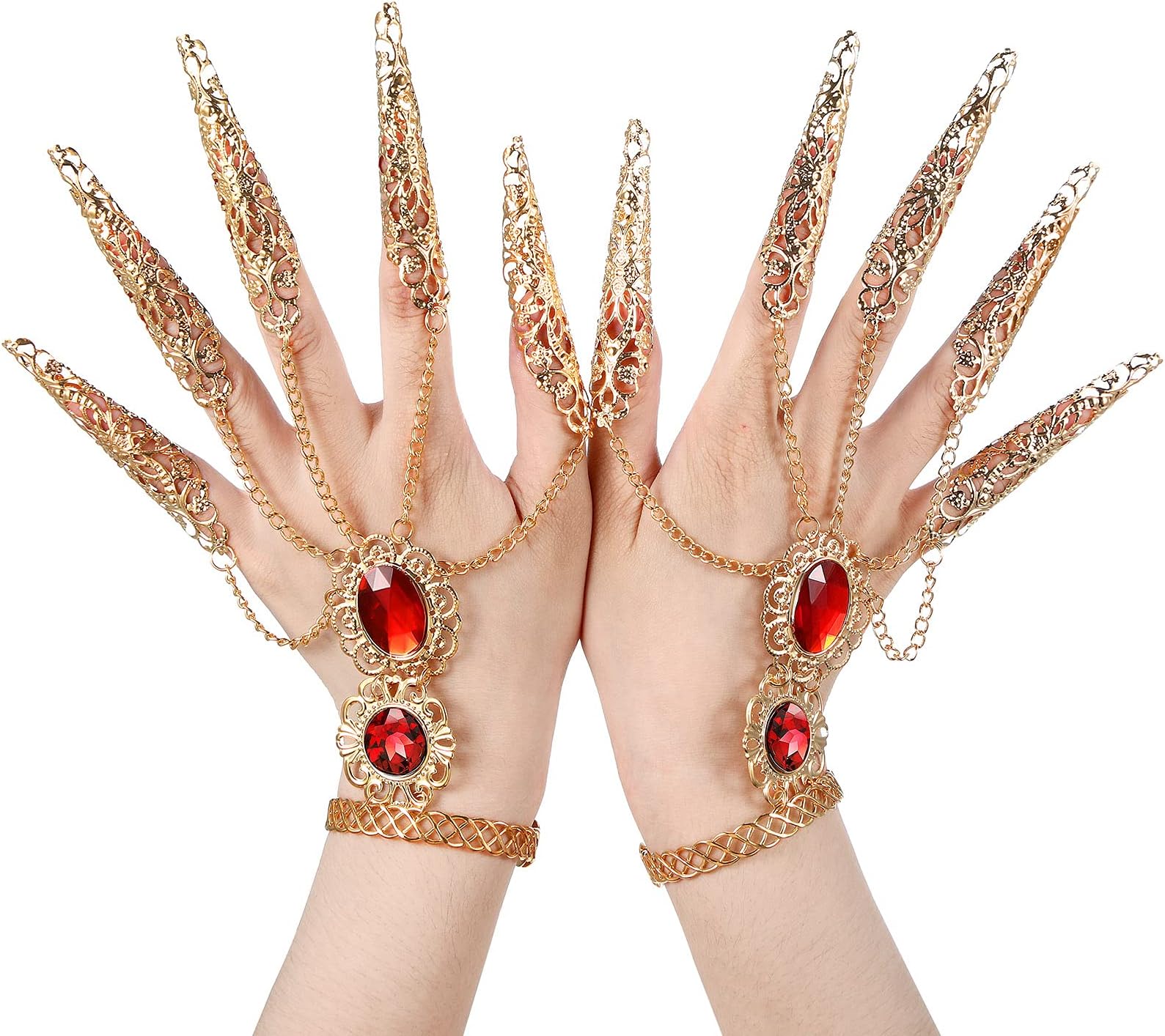 2 Pcs Gold Bracelets Inlaid with Acrylic Women Belly Dance Gypsy Egyptian Bracelet with Finger Nails Halloween Costume