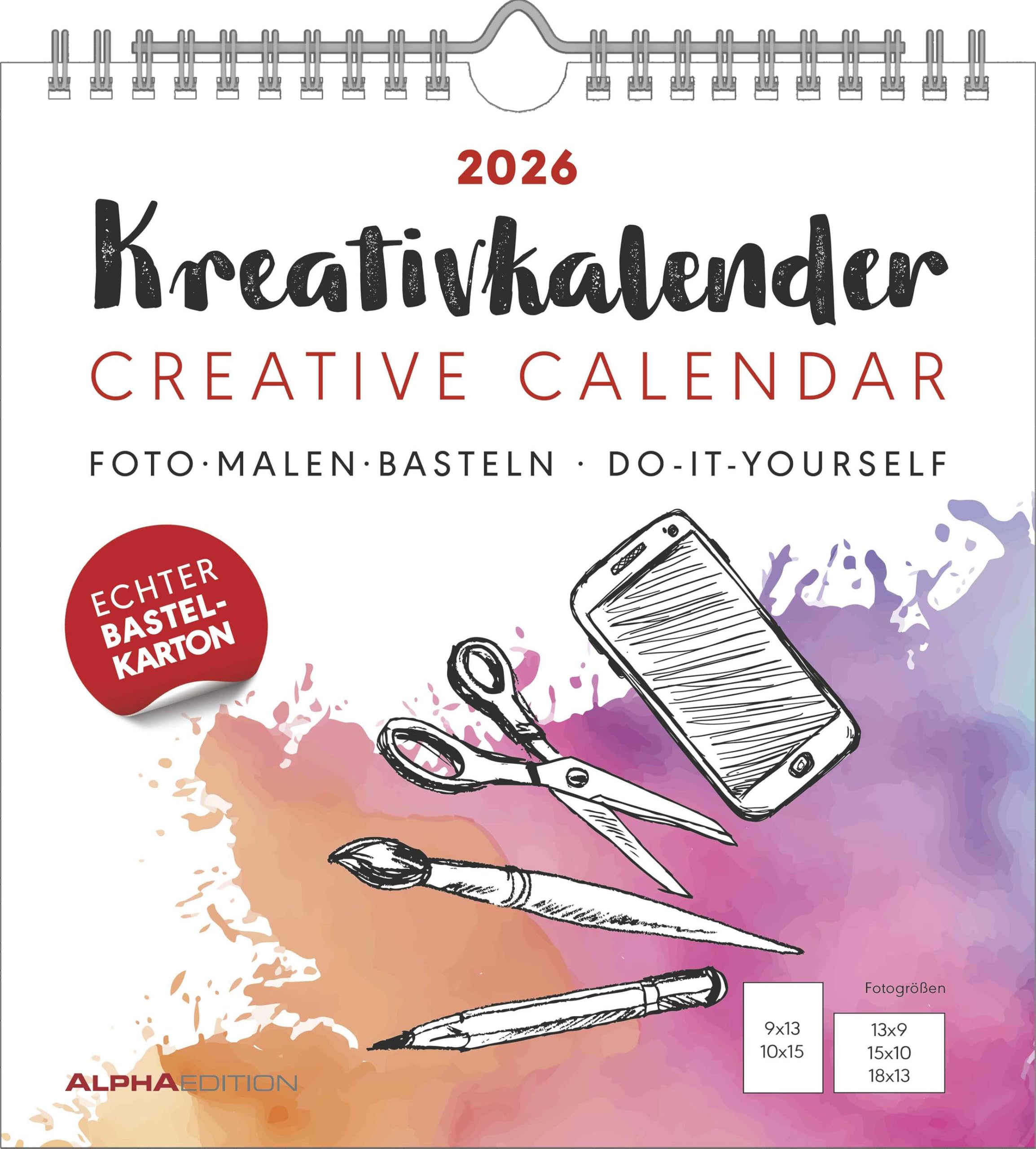 Alpha Edition - Kreativ-Kalender M Weiß 2026 – Bastelkalender 21×22 cm mit Platz für Fotos & kreative Gestaltung, weißer Hintergrund, ideal zum Malen, Basteln & als persönliches Geschenk