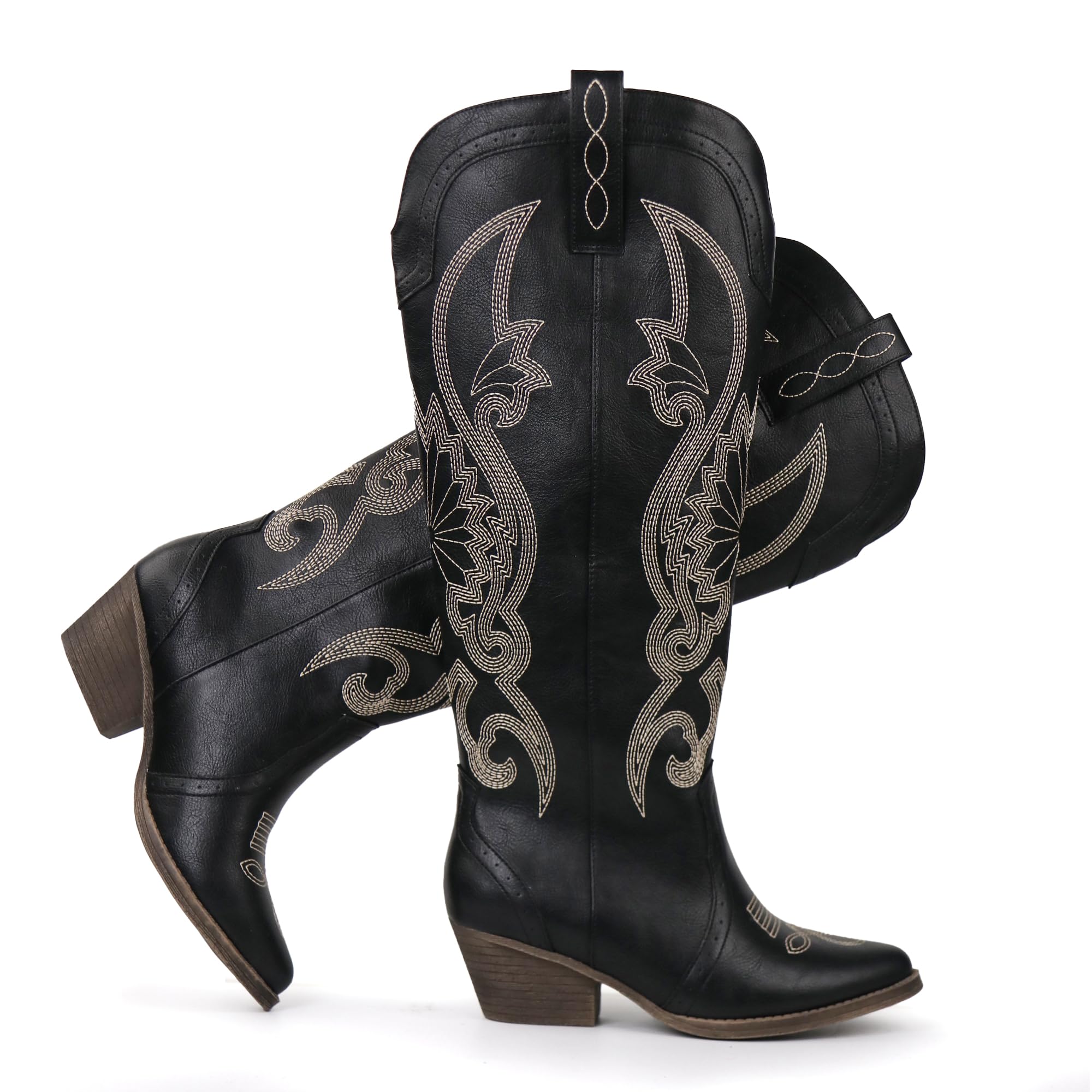 Hawkwell Women's Cowboy Cowgirl Boots Pull On Pointed Toe and Block Heel Shoes with Classic Embroidered Tall Boot for Ladies Dress Western Knee High Boots