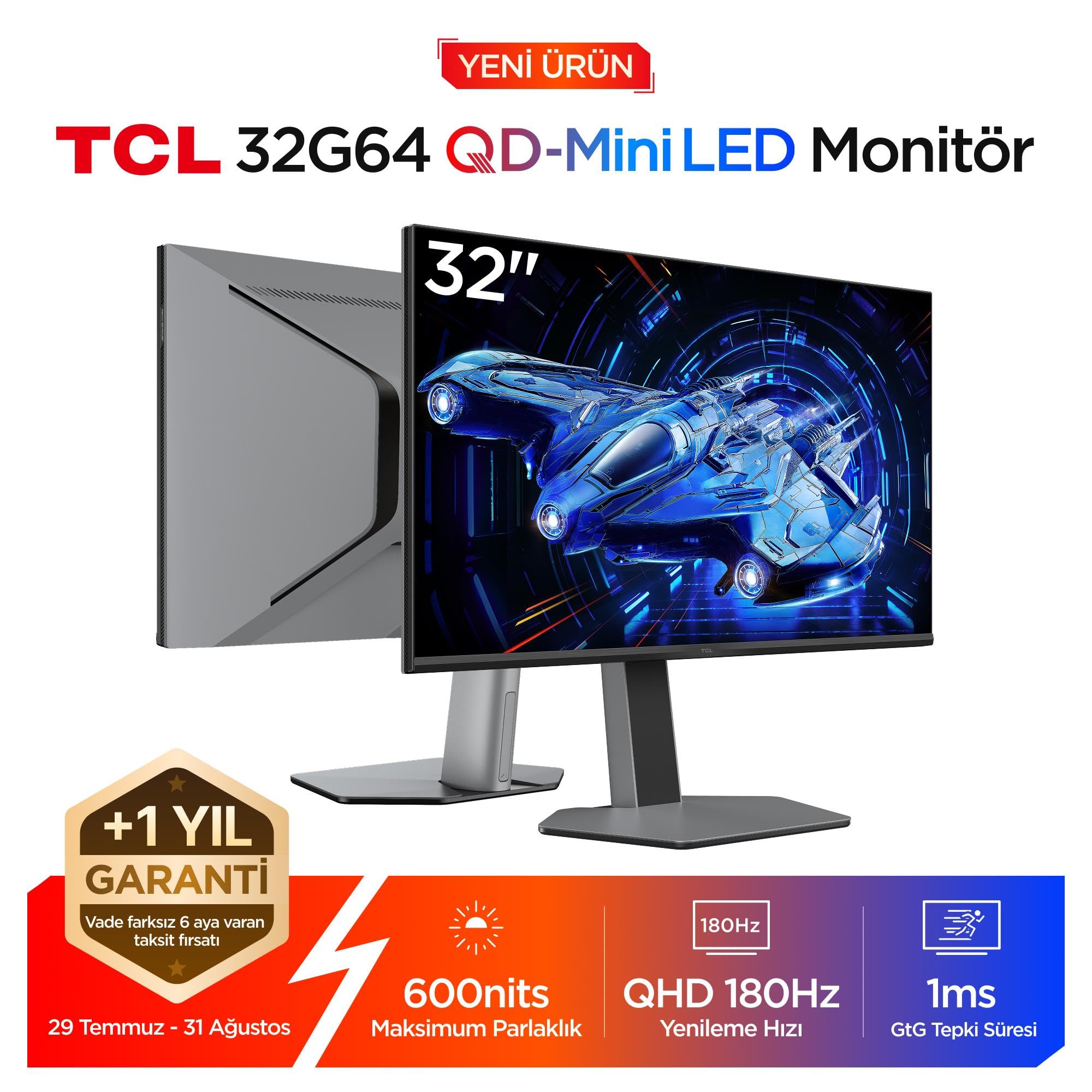 TCL 32G64 Gaming Monitörü 32" 1ms 180Hz Qhd 2k Qd-Mini LED…