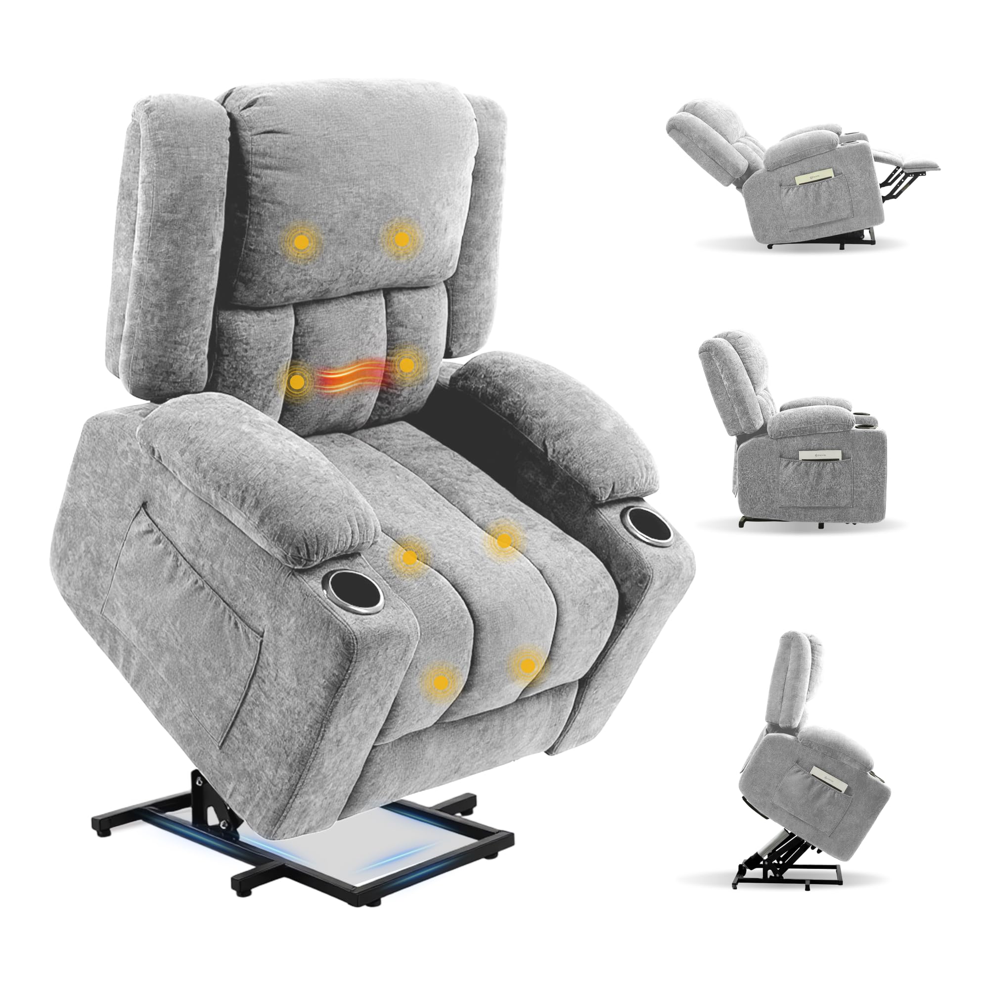 FLEXISPOT XL6 Sillón Relax Eléctrico con Levantapersonas, Masaje 8 Puntos y Calor, Reclinable 105°-165°, USB y Type-C, 2 Portavasos y Bolsillos, Sofá Individual Acolchado, hasta 200 kg, Gris Claro