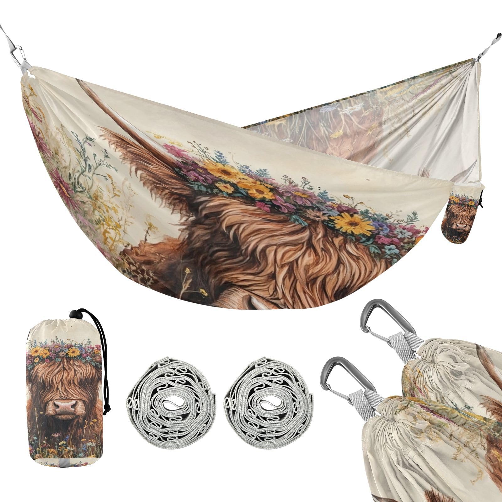 Haskirky Cow Flowers Camping Hammock, Single Portable Hammocks with Tree Straps & Attached Carry Bag, 330Lbs Capacity Perfect for Outside Indoor Hiking Beach Backpack Travel