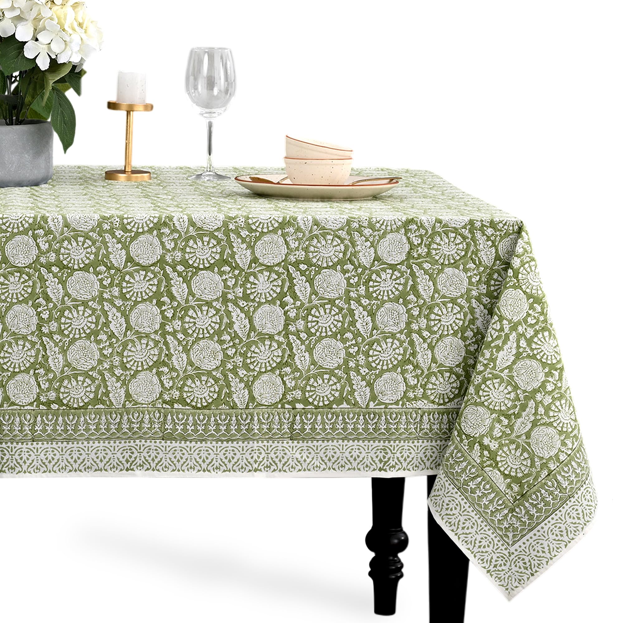CPC Olive Bloom Block Print 100% Cotton Rectangle Tablecloth 52x70 Inch