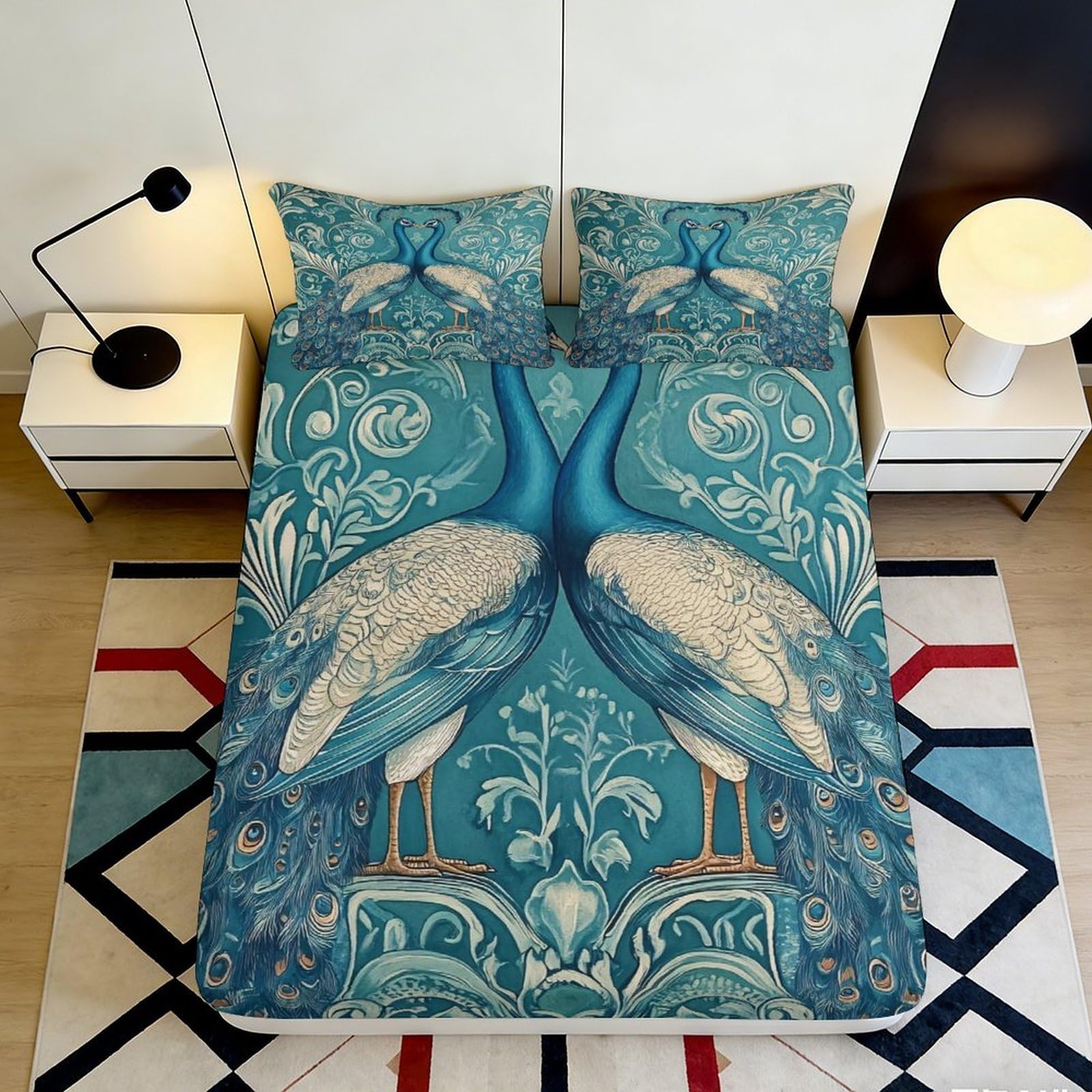 K1r3d9e5 Style-9 3D Printed Blue Peacock Fitted Sheet Microfiber Soft Breathable Elegant Bird Mattress Cover For Bedroom Dorm Decor 90X200x25cm