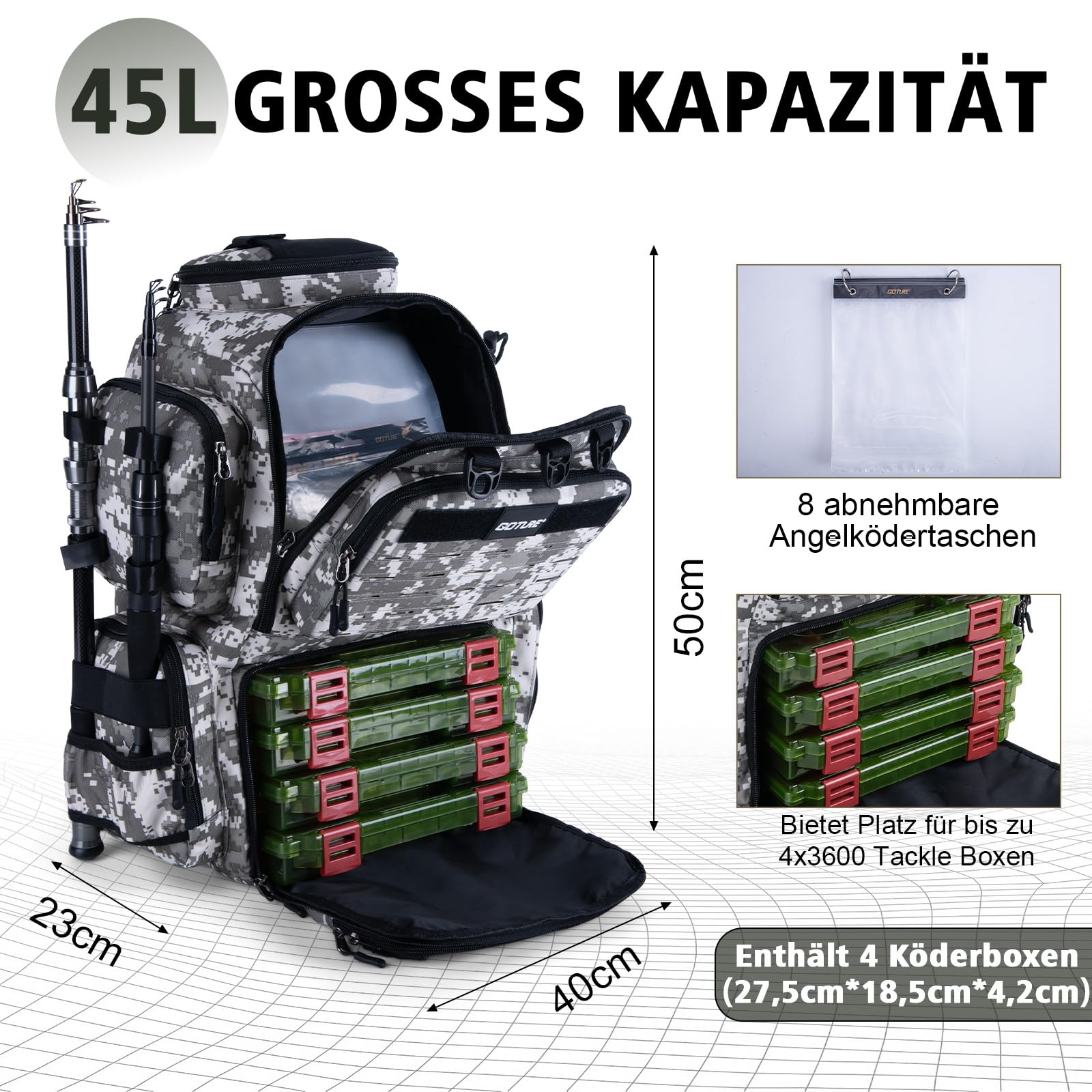 Goture Angelrucksack mit 4 Köderbox Angeln, 45-Liter Angelzubehör-Rucksack mit Zwei Rutenhaltern und Regenschutz, 900D Oxford-Gewebe Wasserabweisende Angelgerätetasche mit verstellbarem Fach