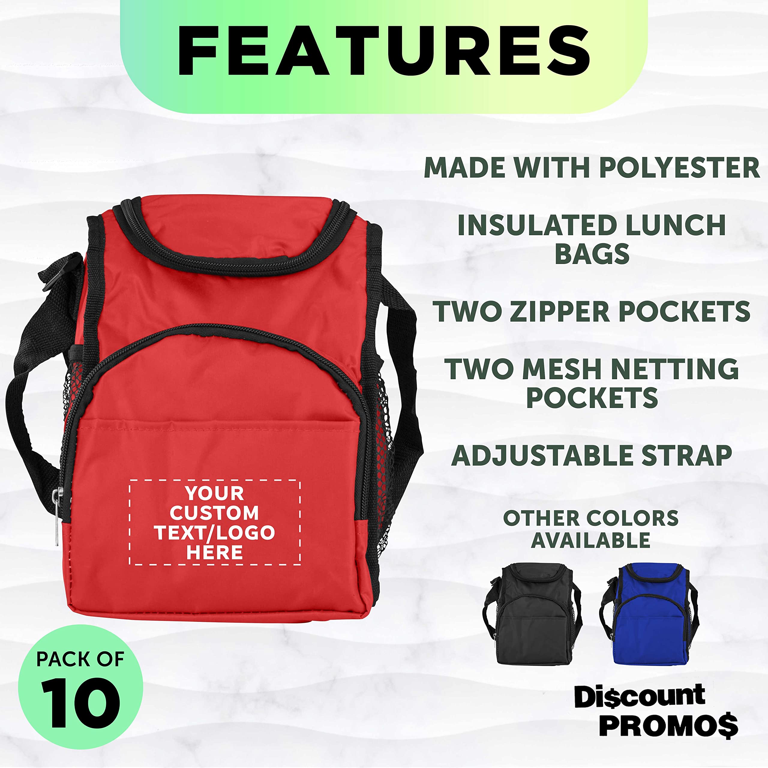 DISCOUNT PROMOS Custom Multipurpose Zippered Lunch Bags Set of 10, Personalized Bulk Pack - Meal Holder, Perfect for Work, Camping and Other Outdoor Events - Red