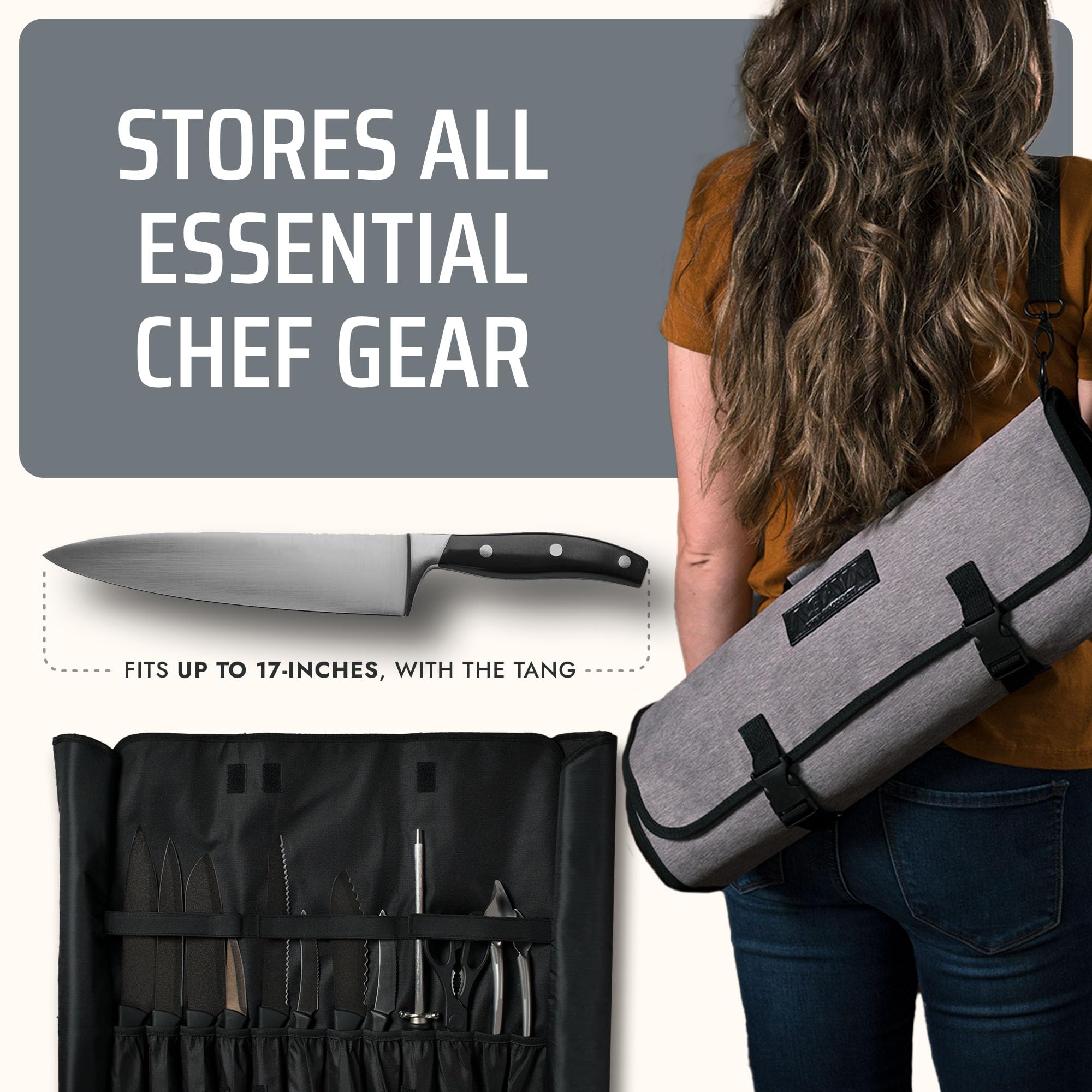 Asaya Chef Knife Roll Bag - 20 Total Pockets for Knives and Kitchen Utensils - Made with Stain Resistant Waxed Nylon - For Chefs and Culinary Students - Knives Not Included(Grey)