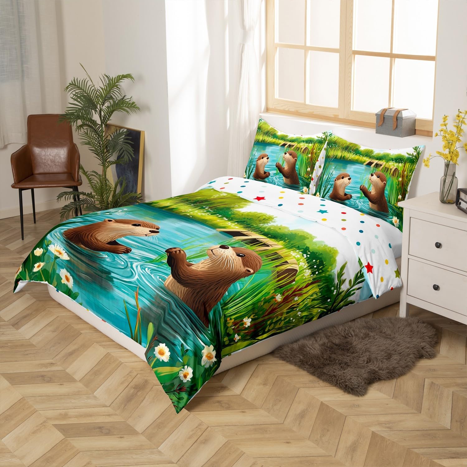 Cute Otter Toddler Bedding Sets 2 Pcs Cartoon Pond Brown Wild Animal Duvet Cover Set for Kids Boys Girls Teens Natural Green Plants Floral Rustic Style Quilt Cover with 1 Pillowcase,No Comforter