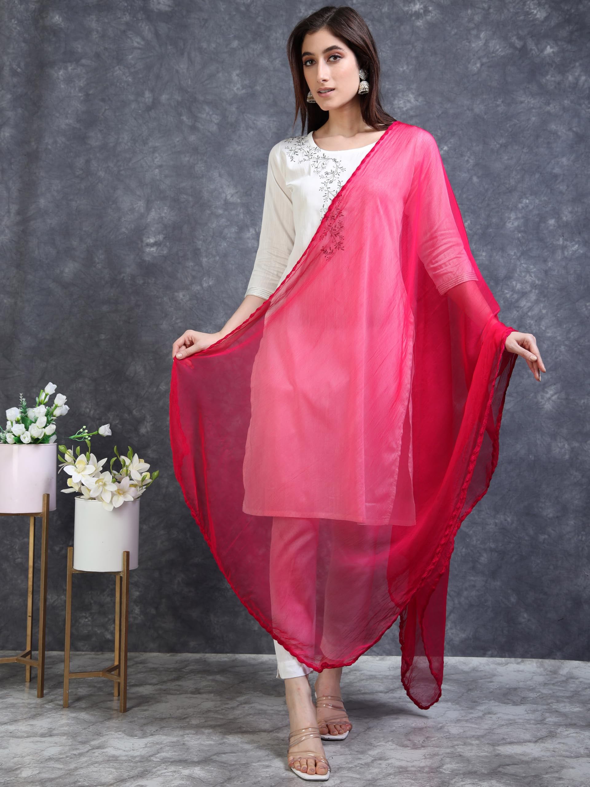 Miraan Solid Pure Chiffon Dupatta with Woven Border, 2.25 meters length (CHIFFDUPDARKPINK06_Dark Pink) - Image 2 thumbnail