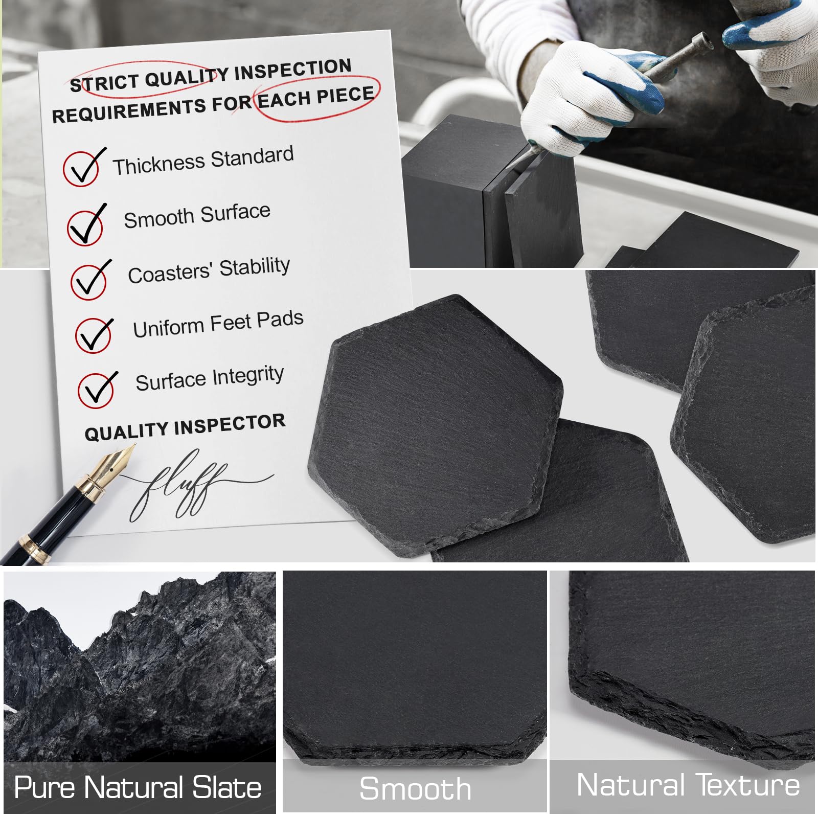 WEWINK PLUS 50 PCS Slate Coasters Bulk for Laser Engraving 4 Inch Hexagon Blank Black Stone Drinks Coasters Rustic Coaster with Anti-Scratch Backing for Home Decor Bar - Image 3