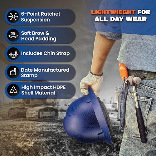 Miniatura 3 de Acerpal Diseño de fibra de carbono sin ventilación de ala completa, mate, casco duro aprobado por la OSHA, suspensión de 6 puntos, casco de