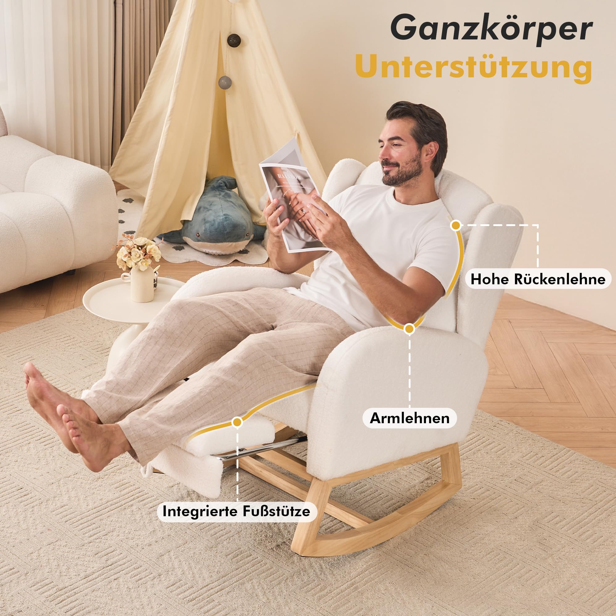 DEKKETO Schaukelstuhl mit Fußstütze, Großem Sitz und Seitentasche, Stillsessel Stillstuhl mit Ausziehbarer Beinauflage, Hoher Rückenlehne Rocking Chair für Wohnzimmer Innen, Teddy-Stoff, Weiß