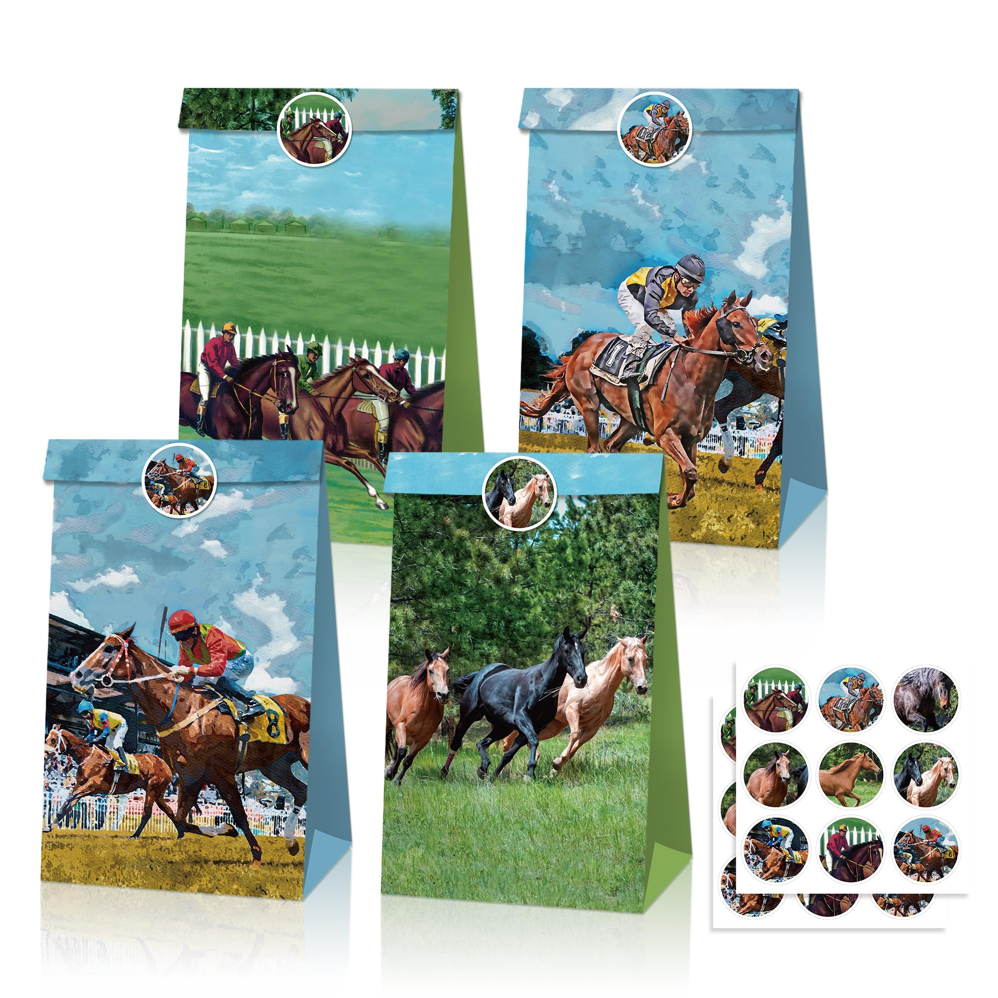 12 Packs Horse Racing Party Paper Bags, 22x12x8 cm Gift Bags with stickers for Kids or Adults in Birthday party, Weddings, Events or Shopping (horse racing)