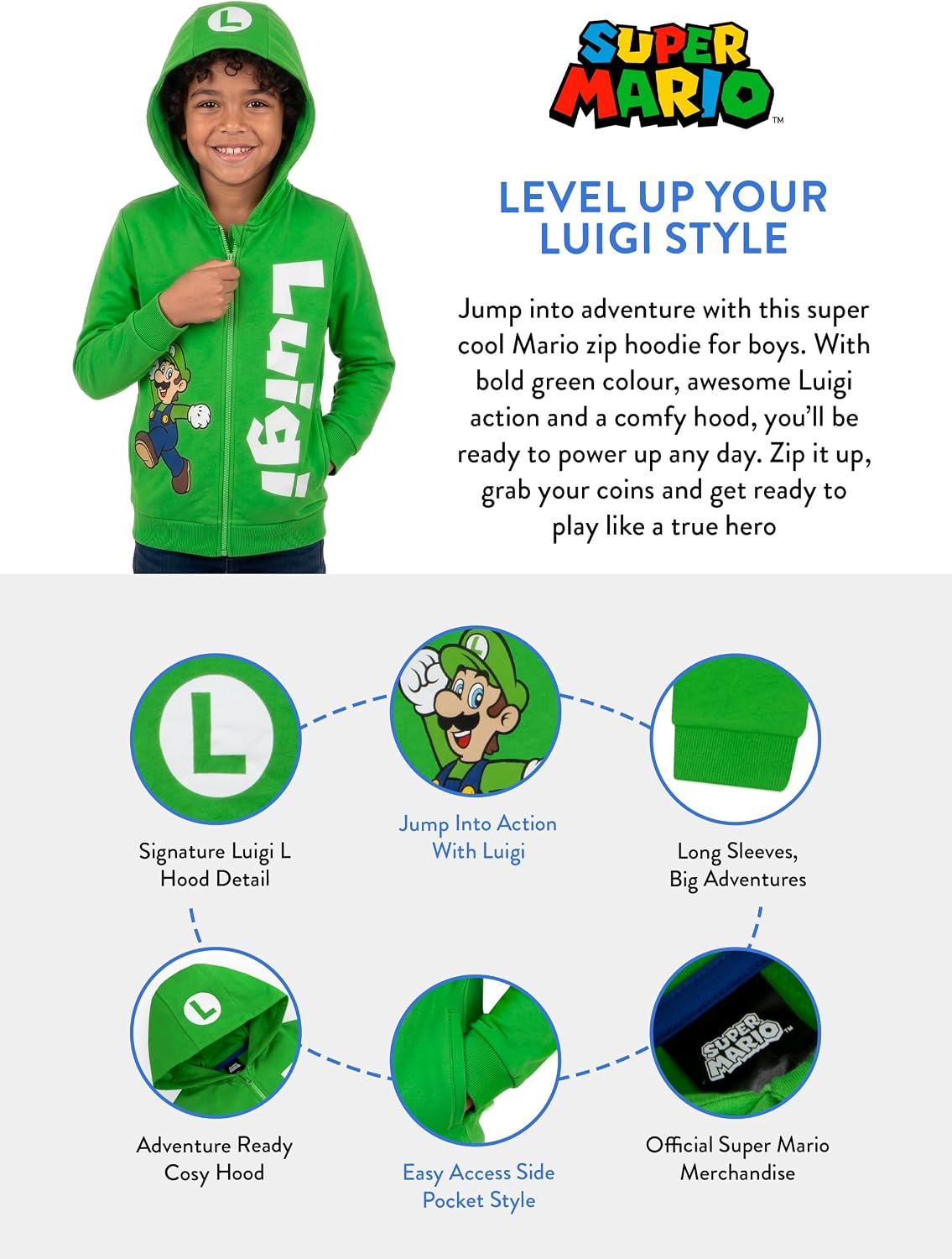 Super Mario Hoodie, Green Luigi Boys Hooie, Zip Up Kids Sweatshirts