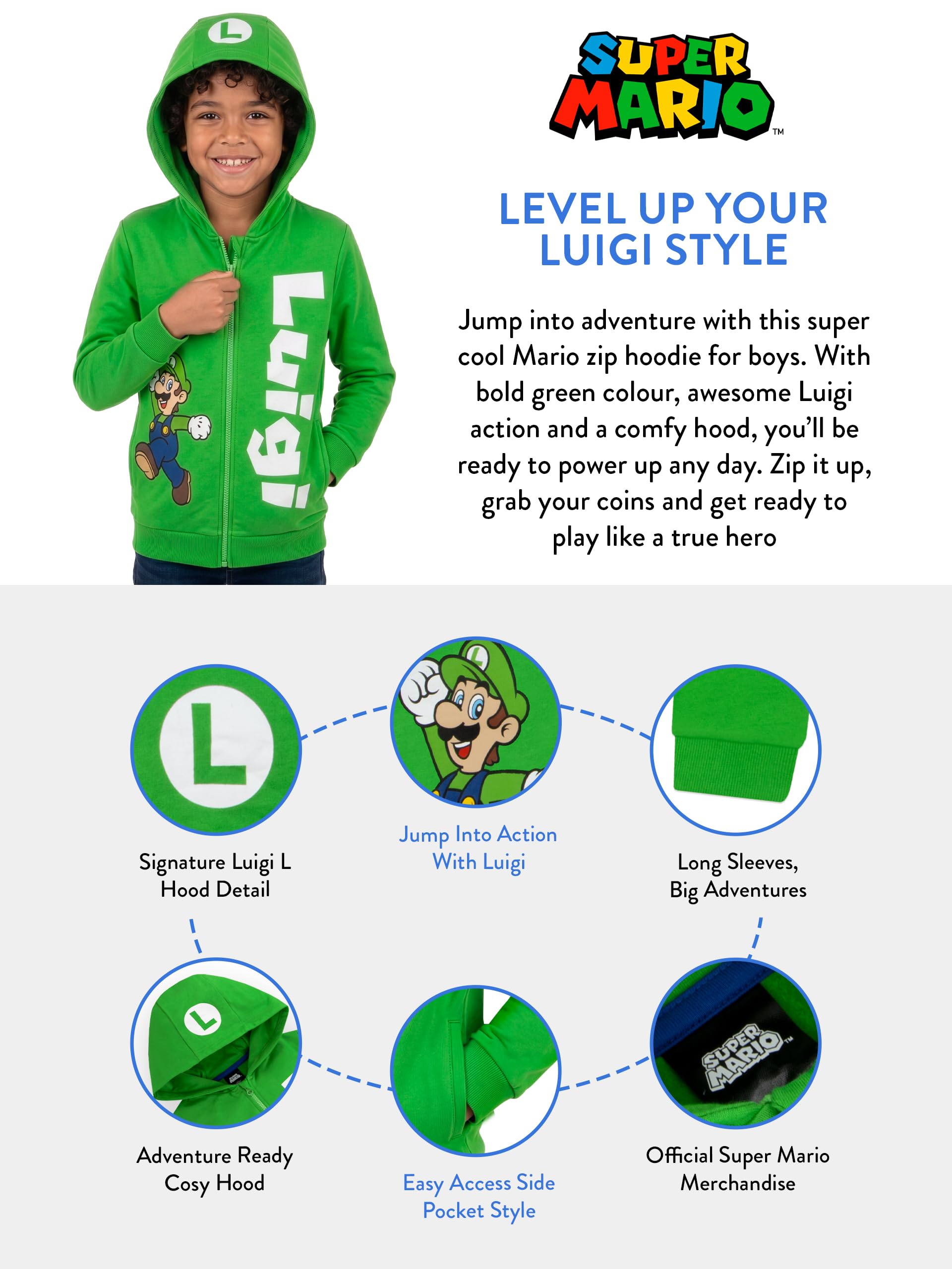 Super Mario Sweats Garçon, Luigi Sweat-Shirt Capuche, Pull Enfant Garcon