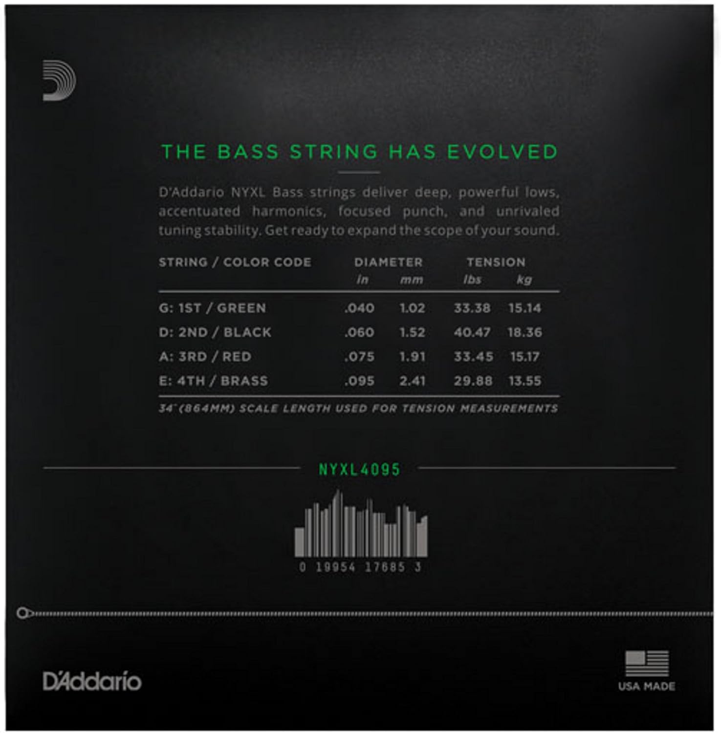 D'Addario Bass Guitar Strings, NYXL Nickel Plated, NYXL4095, Super Light Gauge 40-95, Long Scale, 4-String Set, Pack of 1
