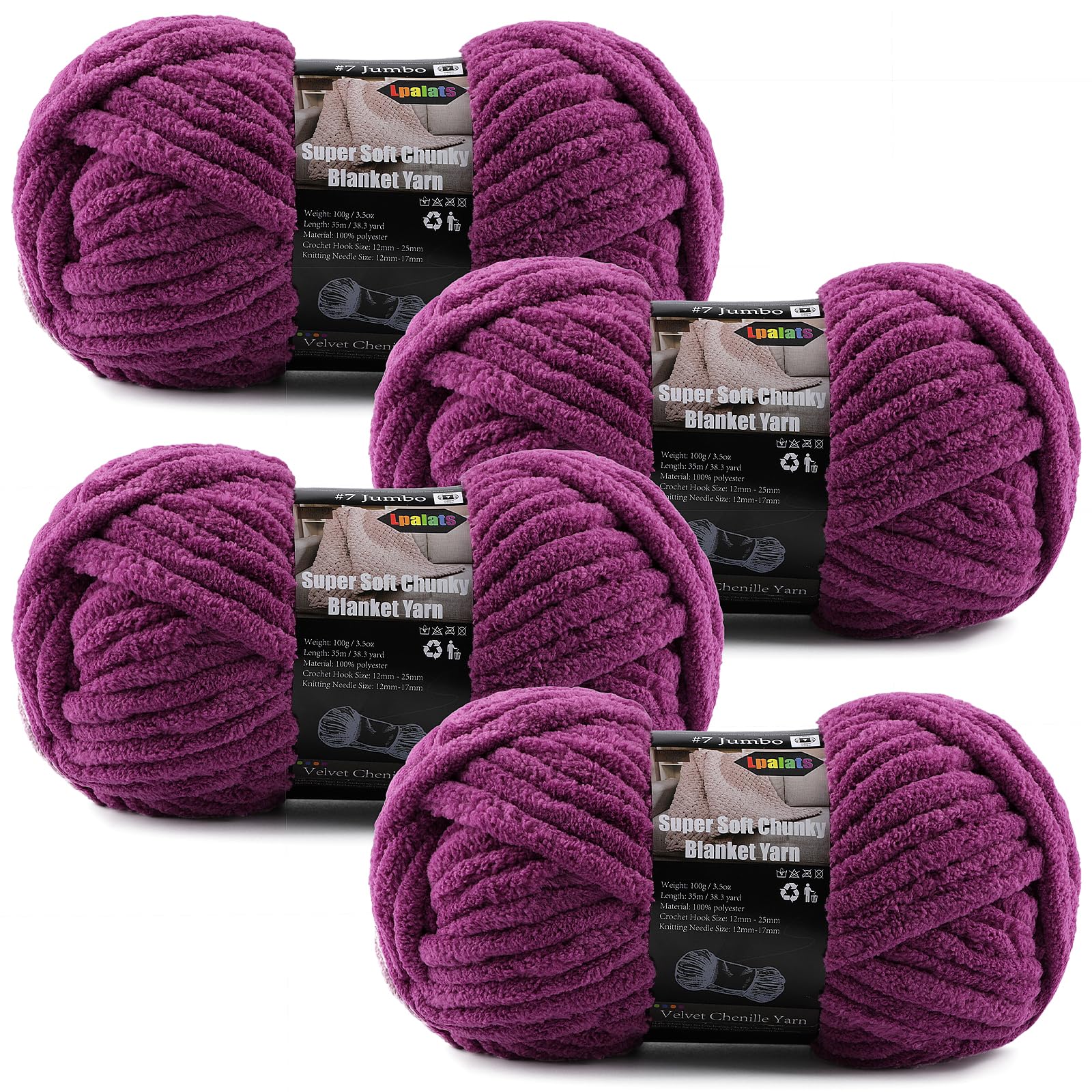 4-Pack Chunky Yarn for Crocheting Blankets &amp; Big Projects - 14oz/152.8yd Total, Ultra Soft &amp; Bulky Chenille Yarn, Perfect for Blankets, Amigurumi, Violet