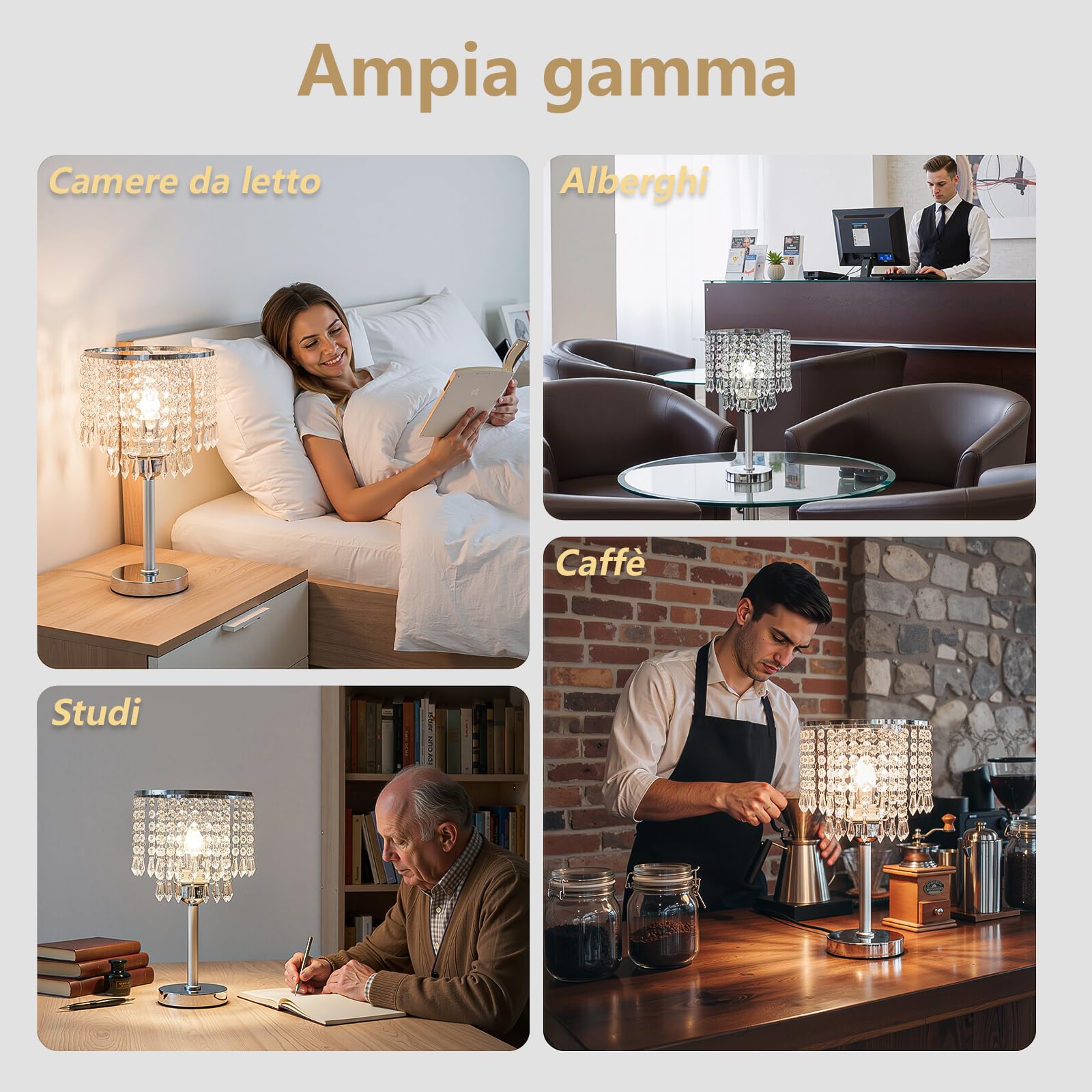 Lampada da comodino in cristallo - Lampada da tavolo in cristallo - Paralume con lampada da comodino rotonda E27 - Per camera da letto, soggiorno, cameretta da bambina - Bianco